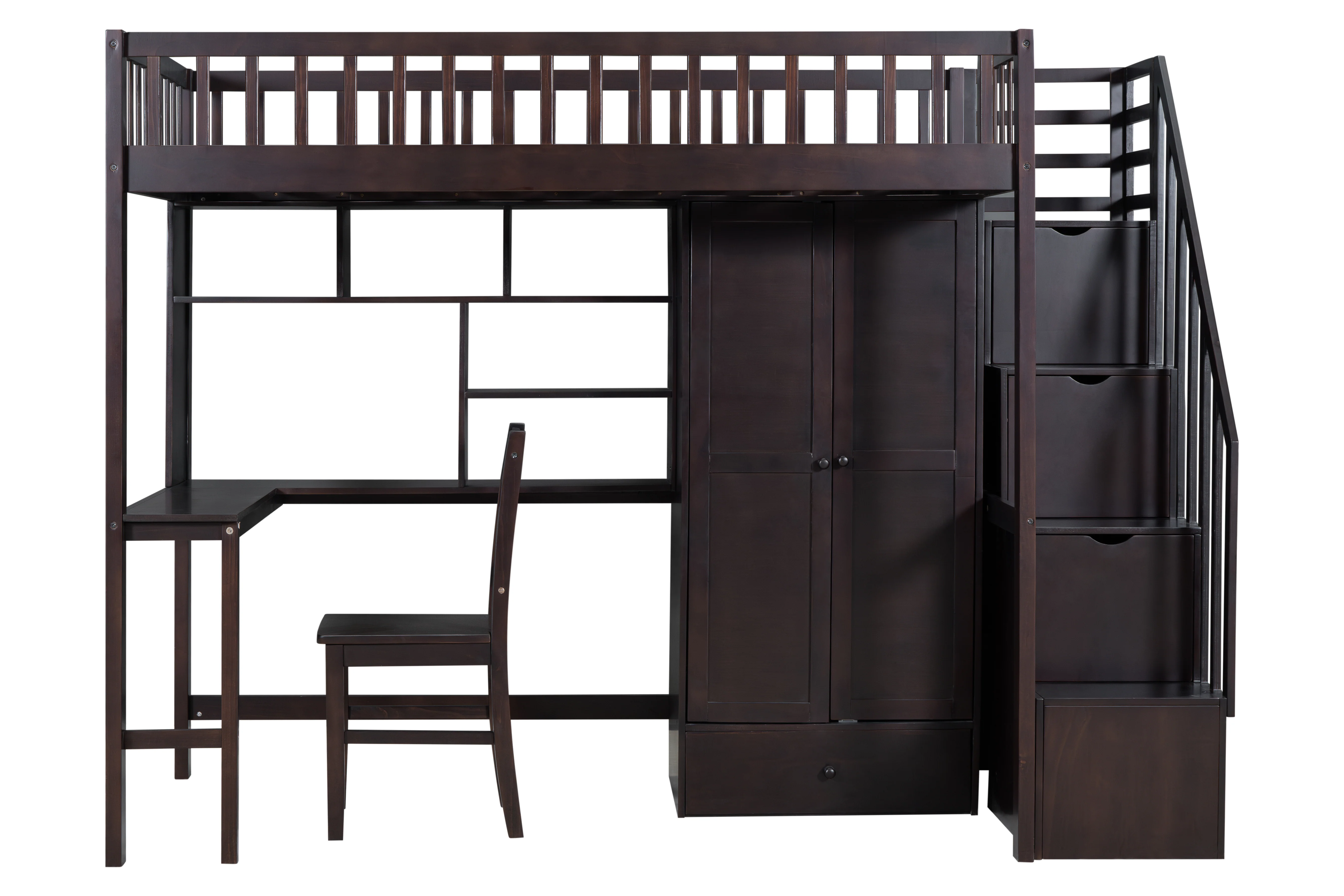 Espresso Twin Loft Bed with Desk, Stair Storage, Wardrobe, and Chair