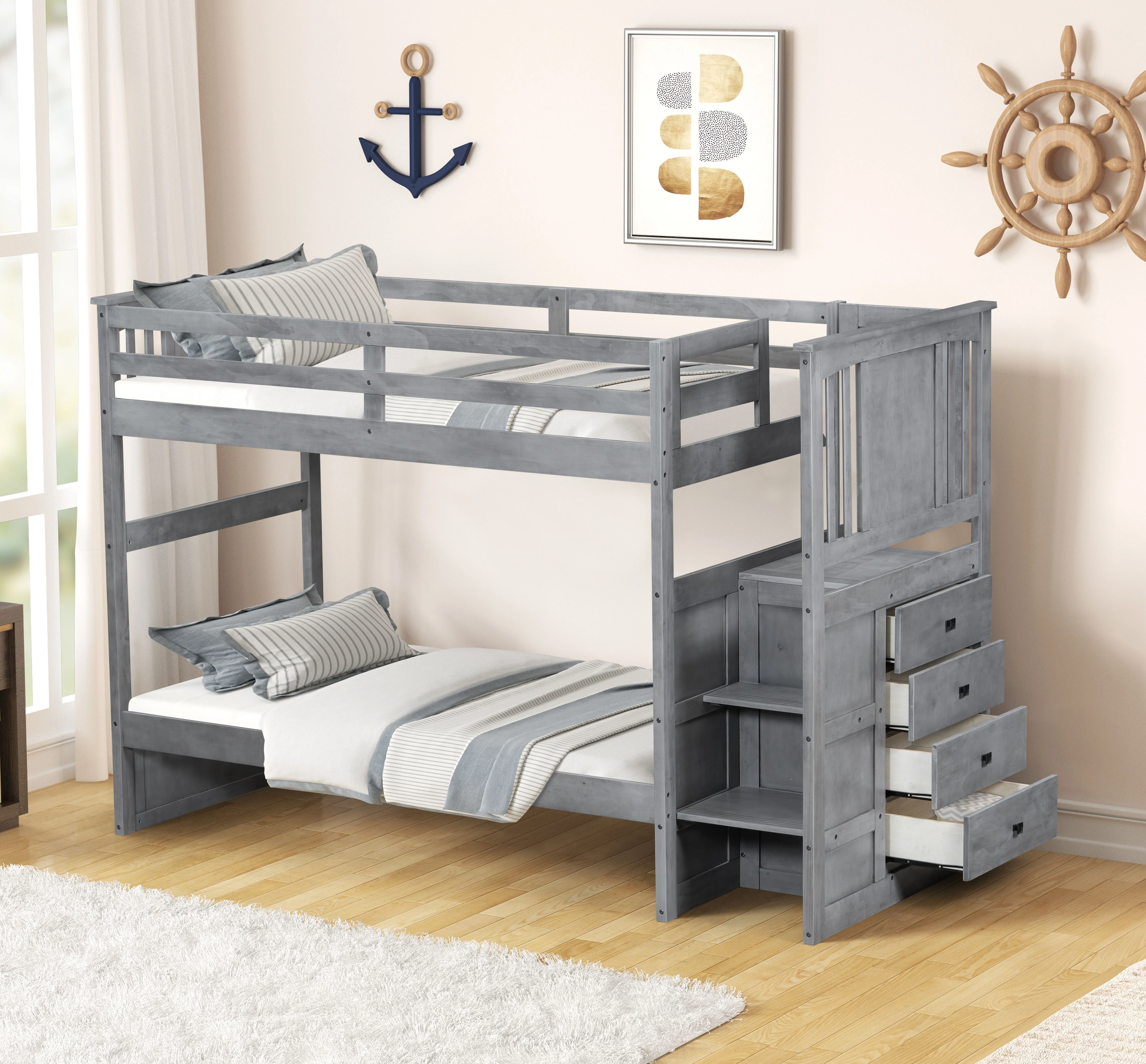Gray Stairway Twin Over Twin Bunk Bed with Built-In Storage Drawers
