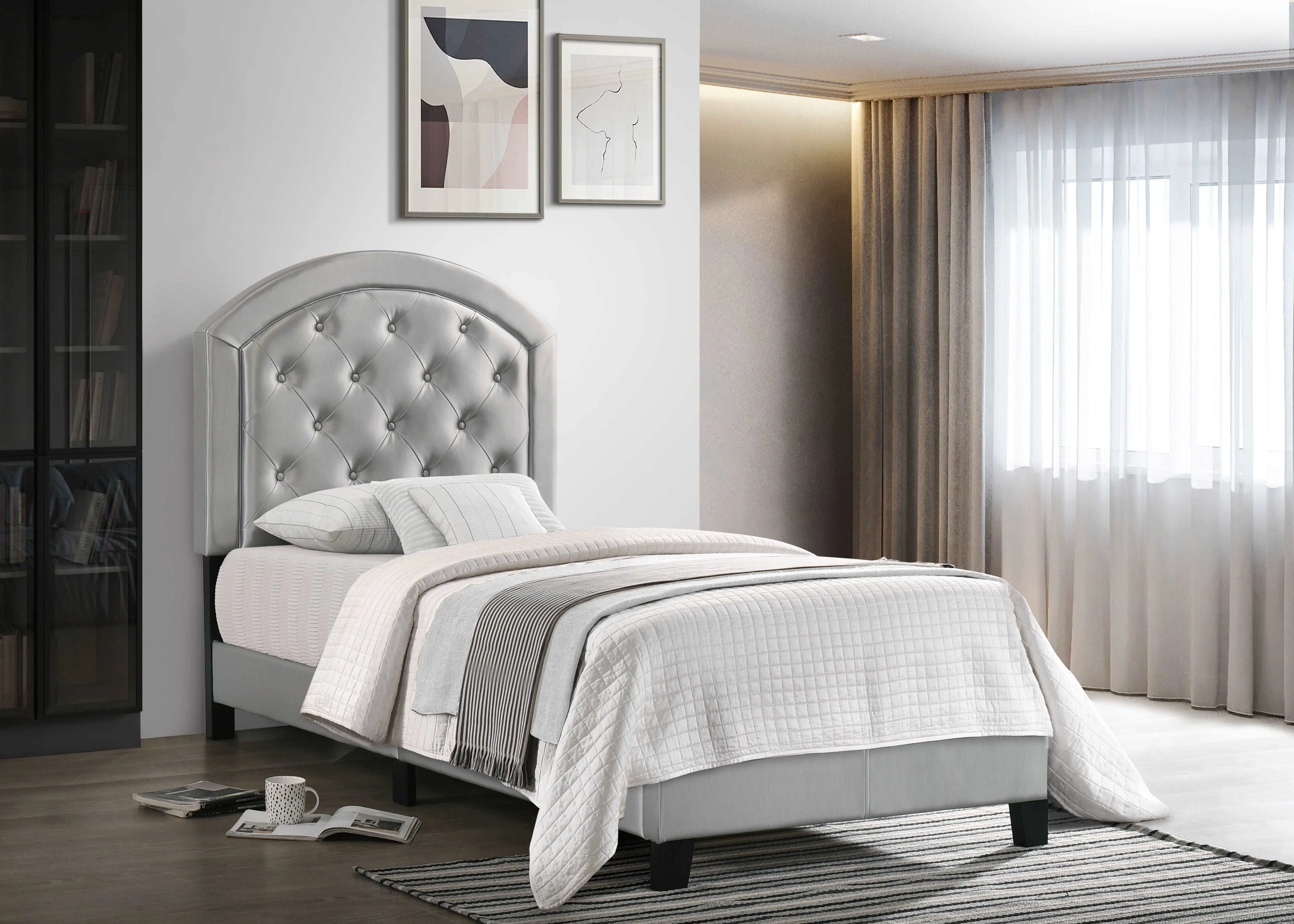 Silver Tufted Upholstered Youth Bed — Arched Headboard (Full)