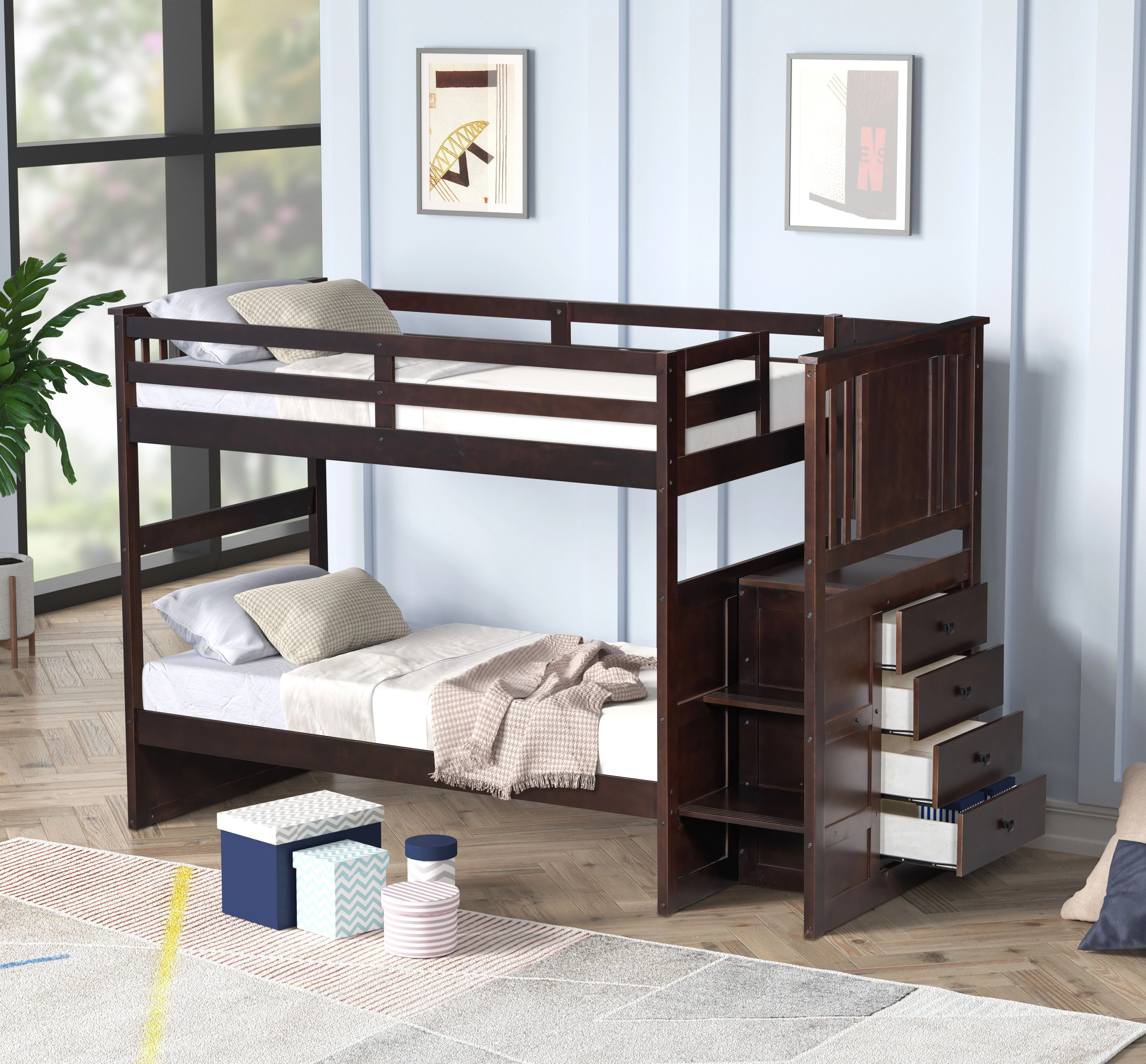 Espresso Stairway Twin Over Twin Bunk Bed with Storage Drawers