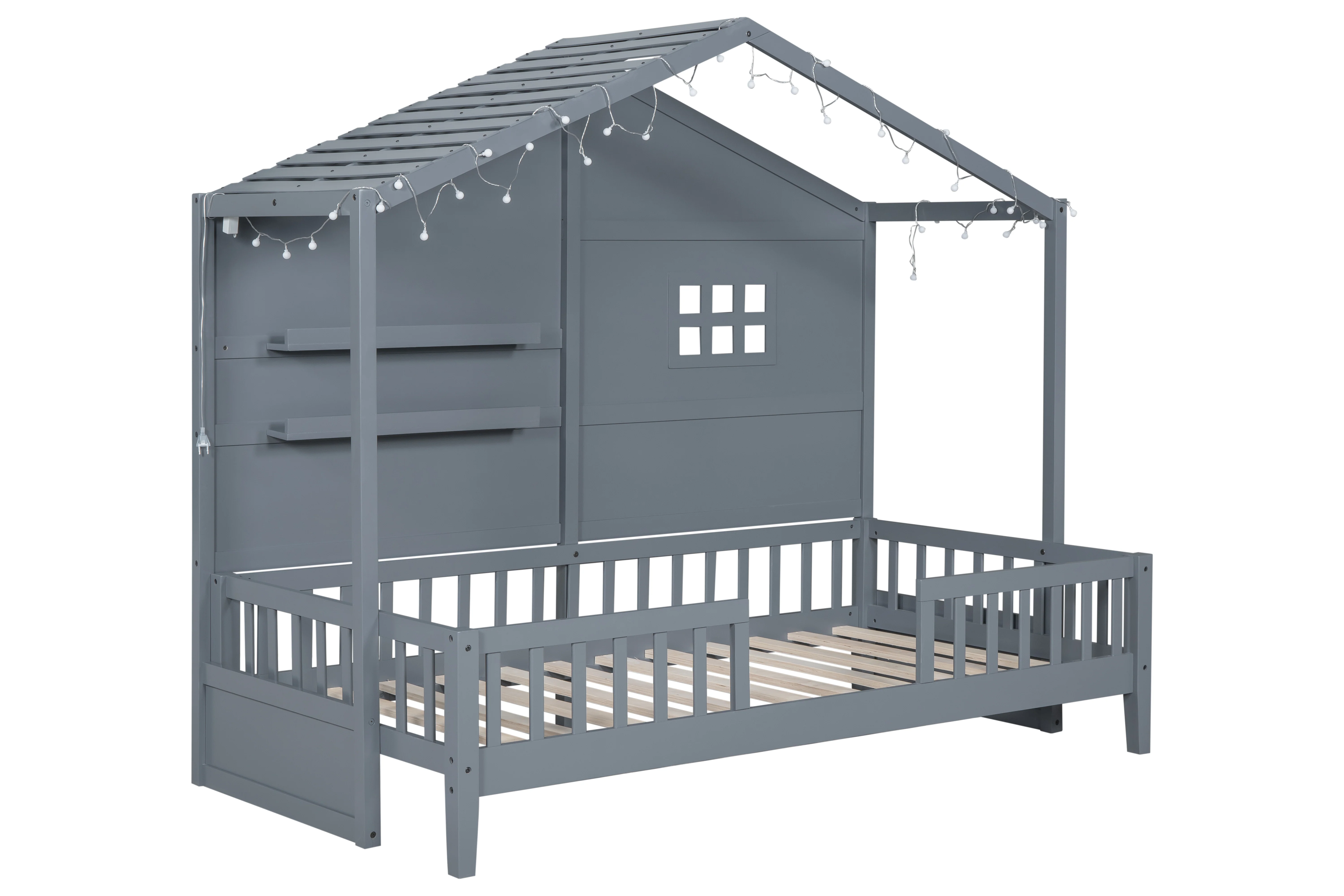 485-twin-size-house-bed-with-shelves-grey-2.webp Twin Size House Bed with Shelves - Grey