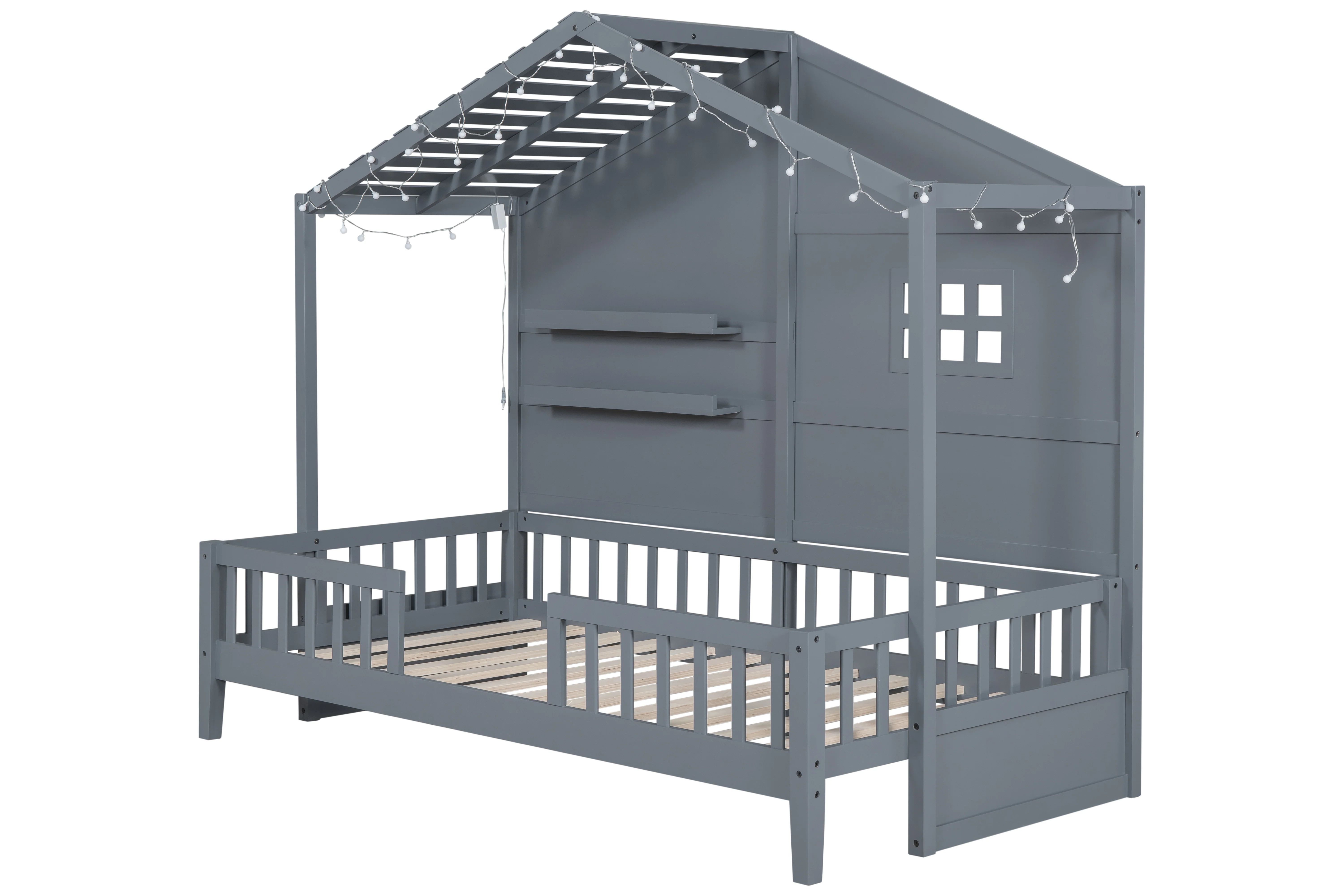485-twin-size-house-bed-with-shelves-grey-4.webp Twin Size House Bed with Shelves - Grey