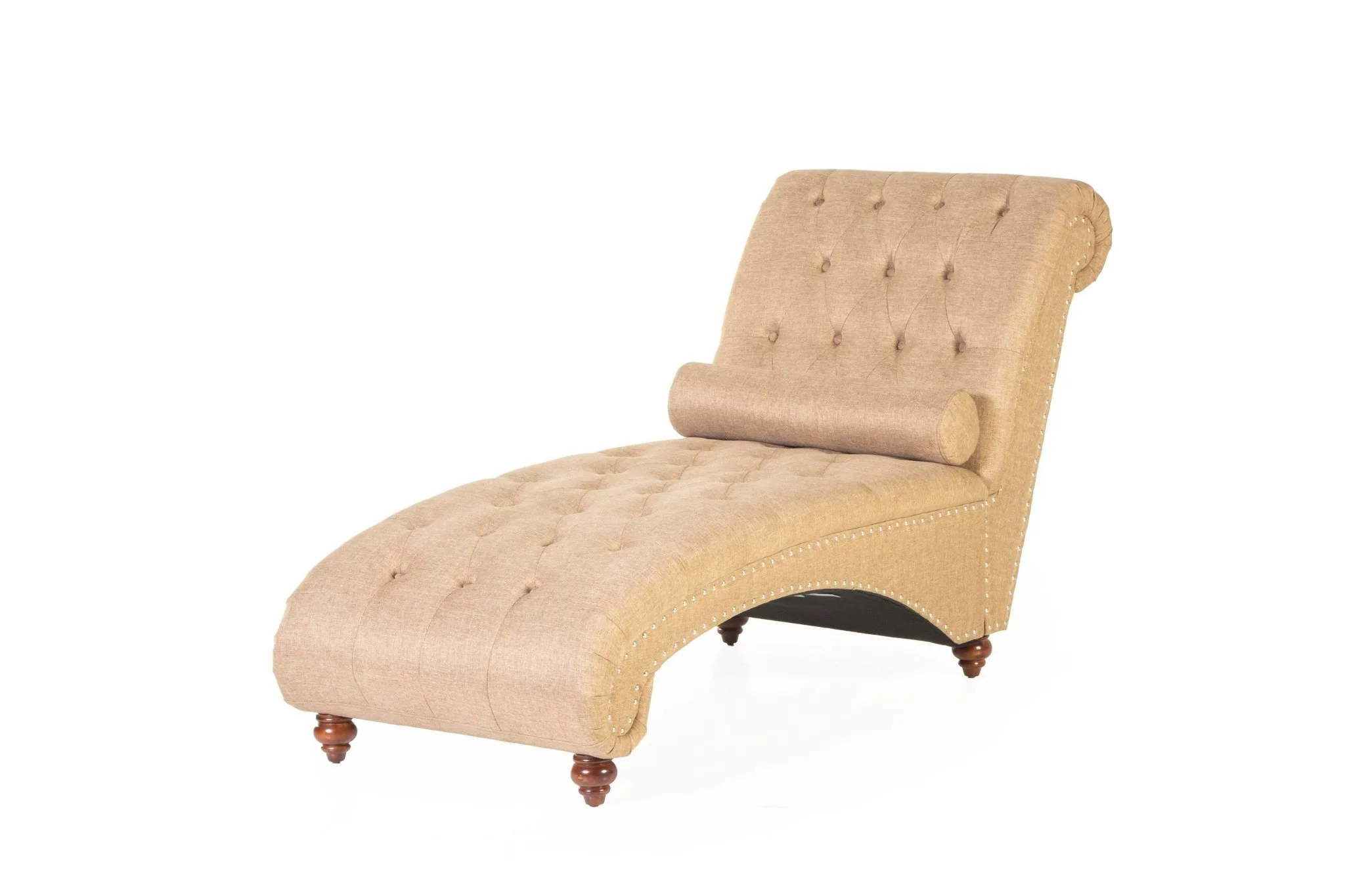 Light Brown Tufted Chaise Lounge with Nailhead Trim & Bolster Pillow
