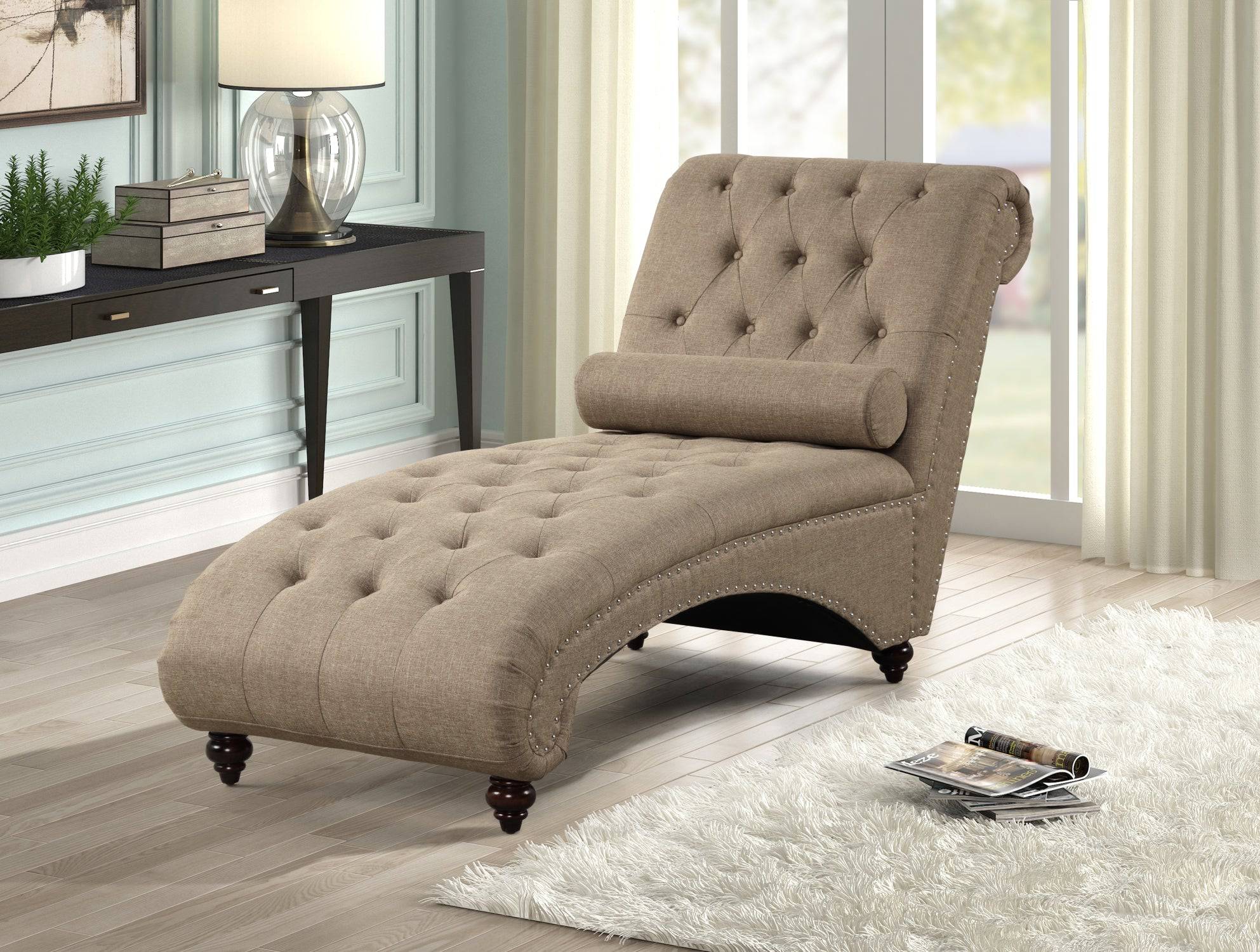 491-light-brown-tufted-chaise-lounge-with-nailhead-trim-bolster-pillow-4.jpg Light Brown Tufted Chaise Lounge with Nailhead Trim & Bolster Pillow