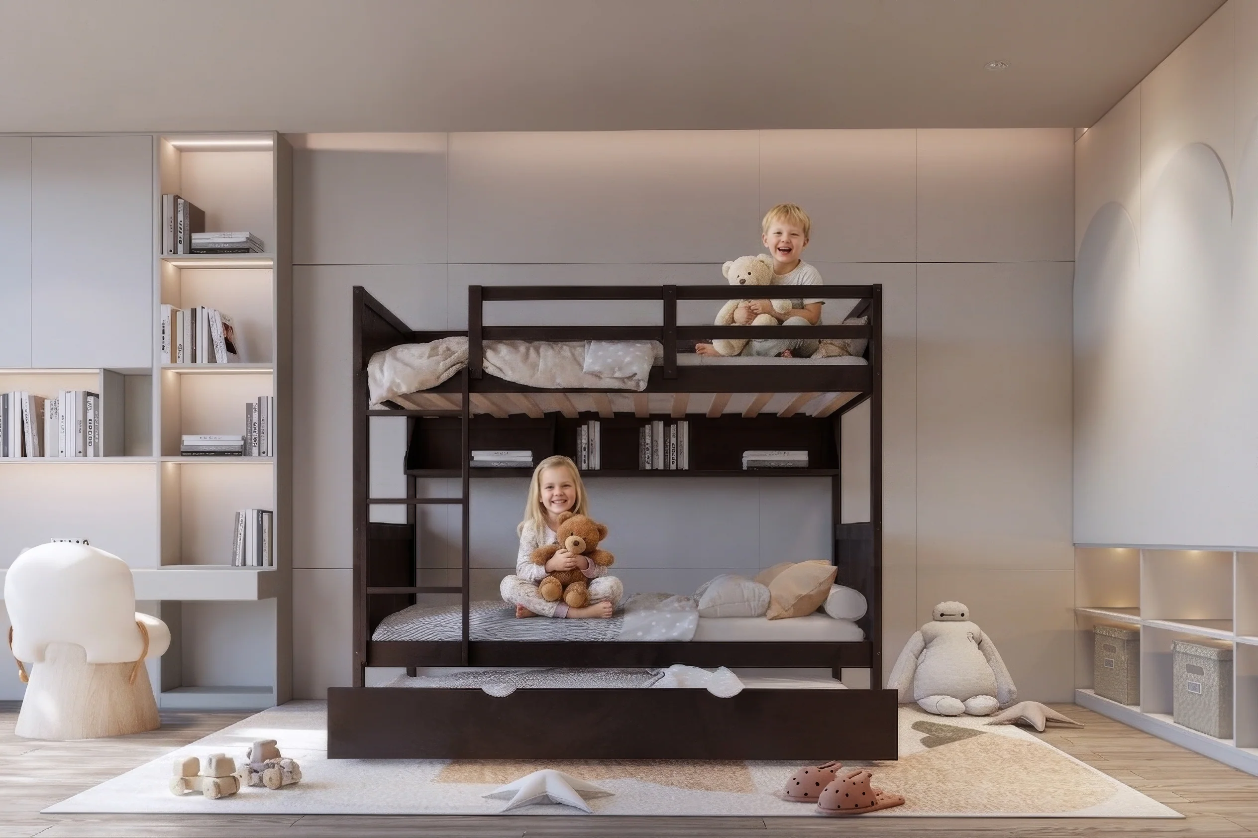 50-espresso-twin-over-twin-bunk-bed-with-bookshelf-roll-out-trundle-2.webp Espresso Twin-Over-Twin Bunk Bed with Bookshelf & Roll-Out Trundle
