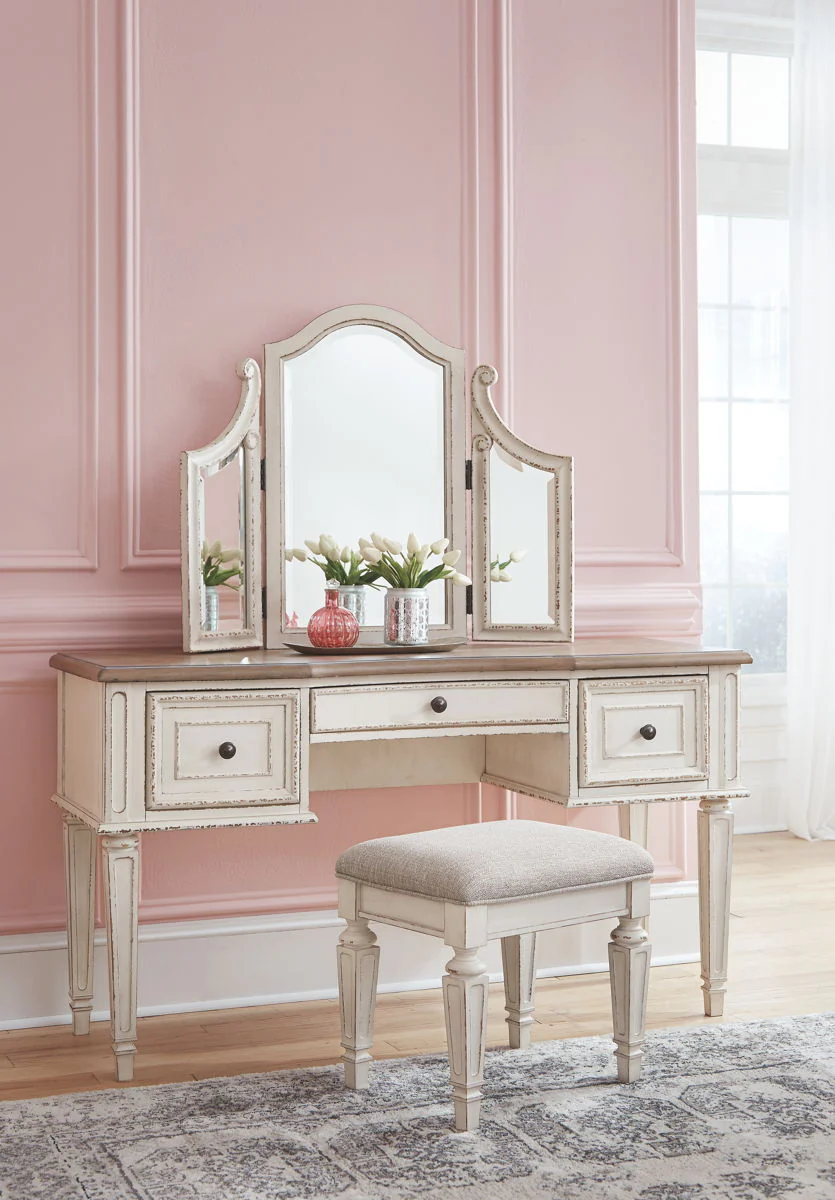 505-realyn-vanity-mirror-stool-set-of-3-white-brown-beige-3.webp Realyn - Vanity/Mirror/Stool (Set of 3) - White / Brown / Beige