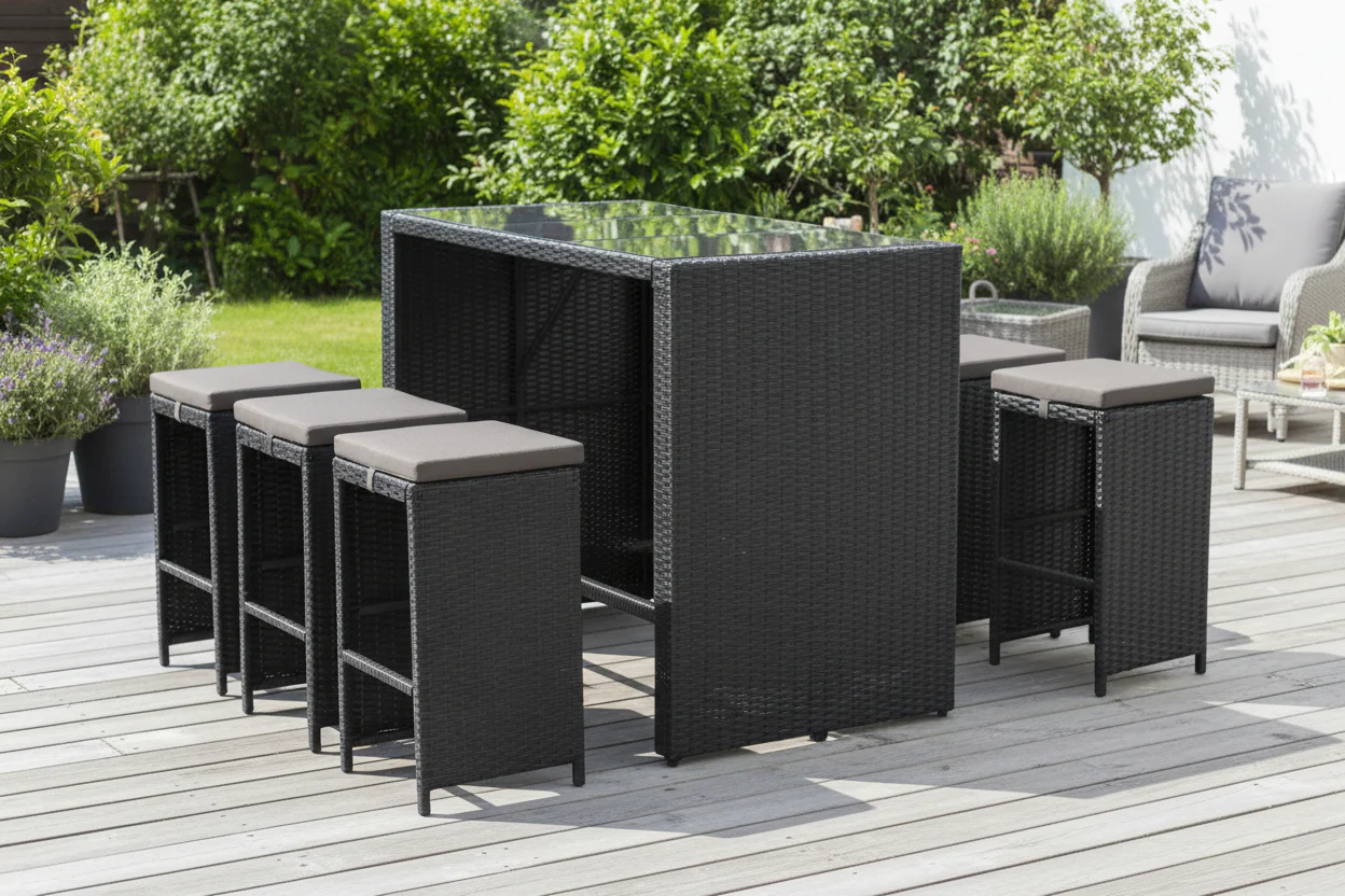 Havana 7-Piece Outdoor Bar-Height Dining Set with Wicker Table & 6 Cushioned Stool