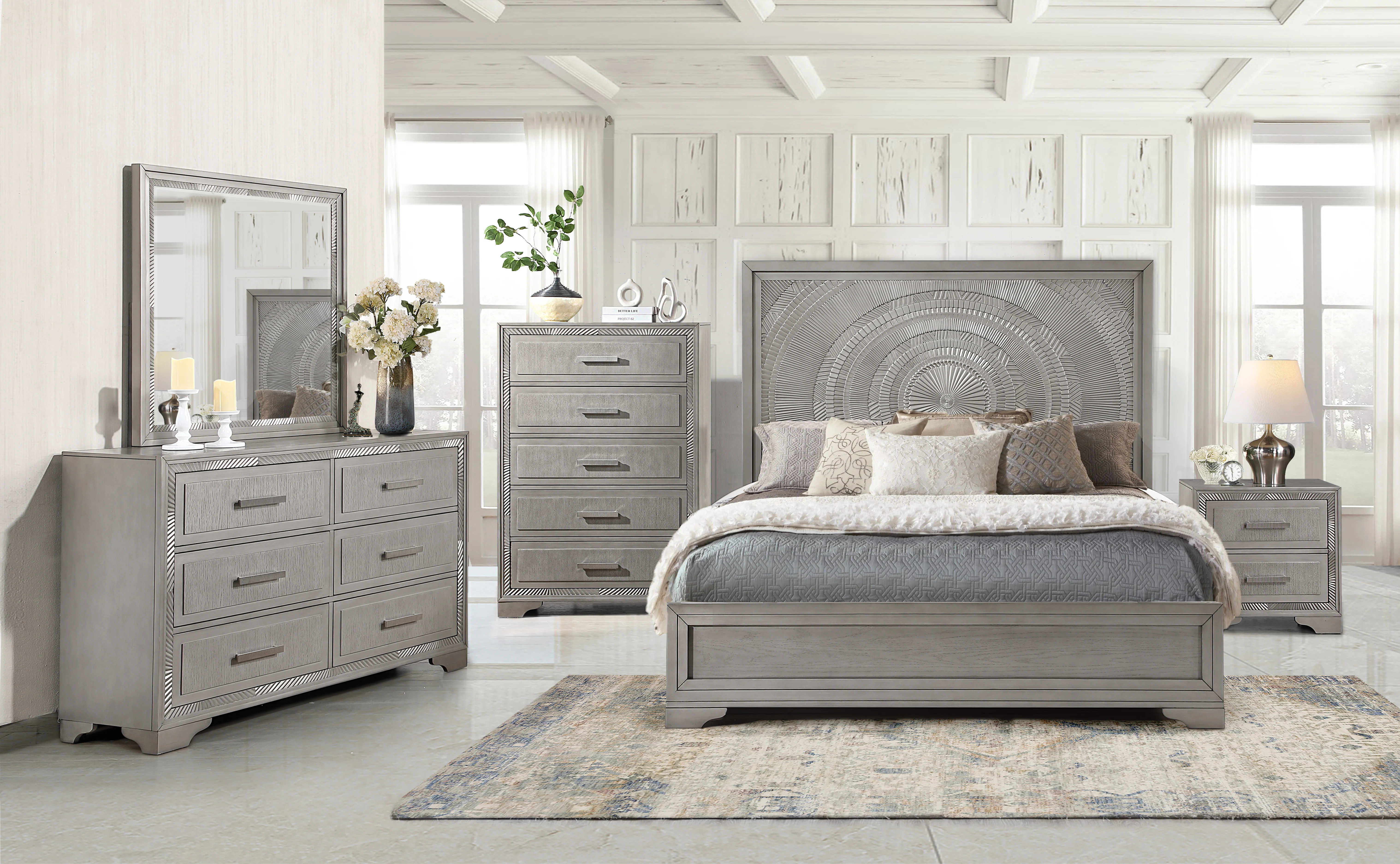 Antique Grey Decorative Tile 6 Piece Bedroom Set