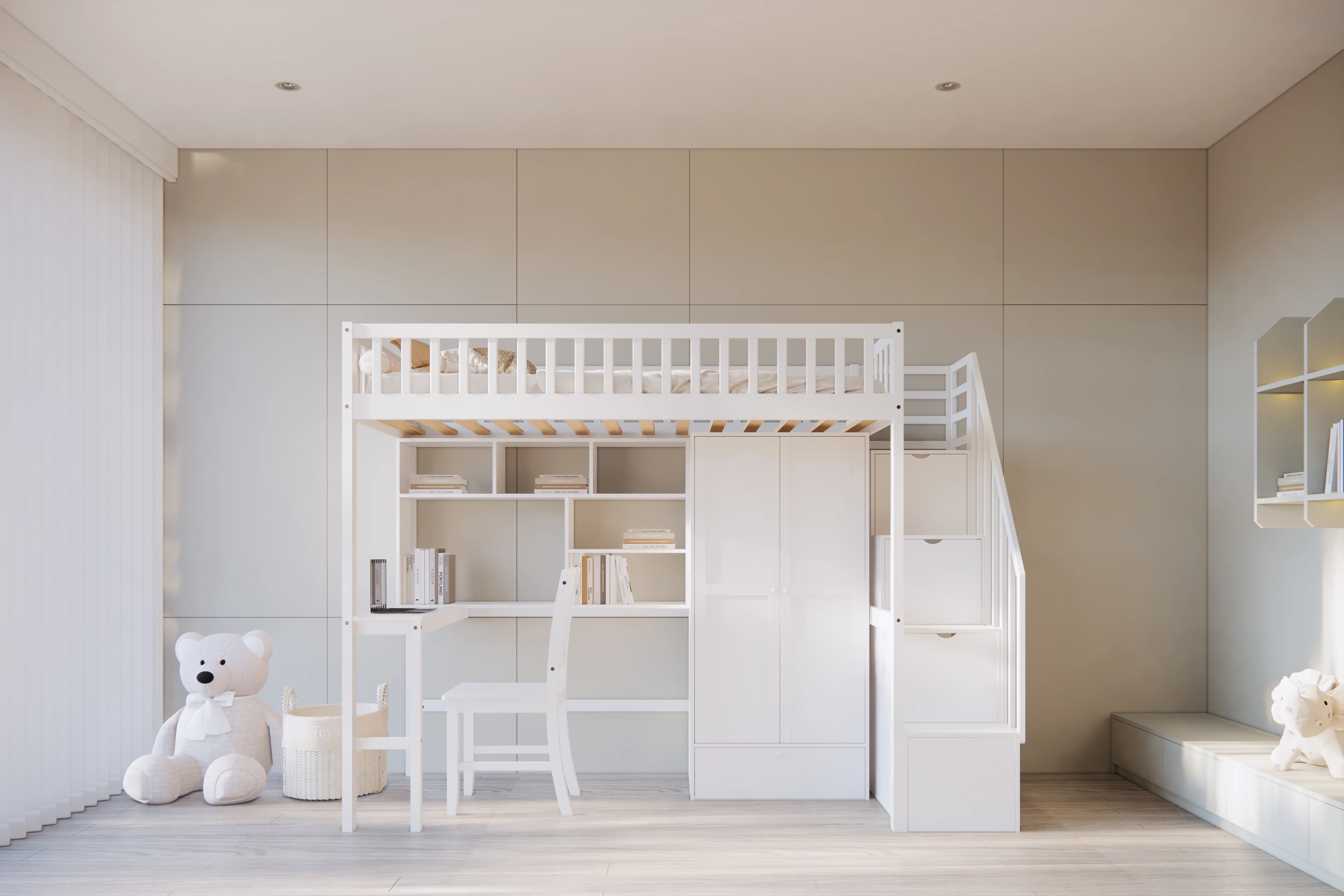 White Twin Loft Bed with Desk, Bookshelf, Wardrobe & Storage Stairs, Chair