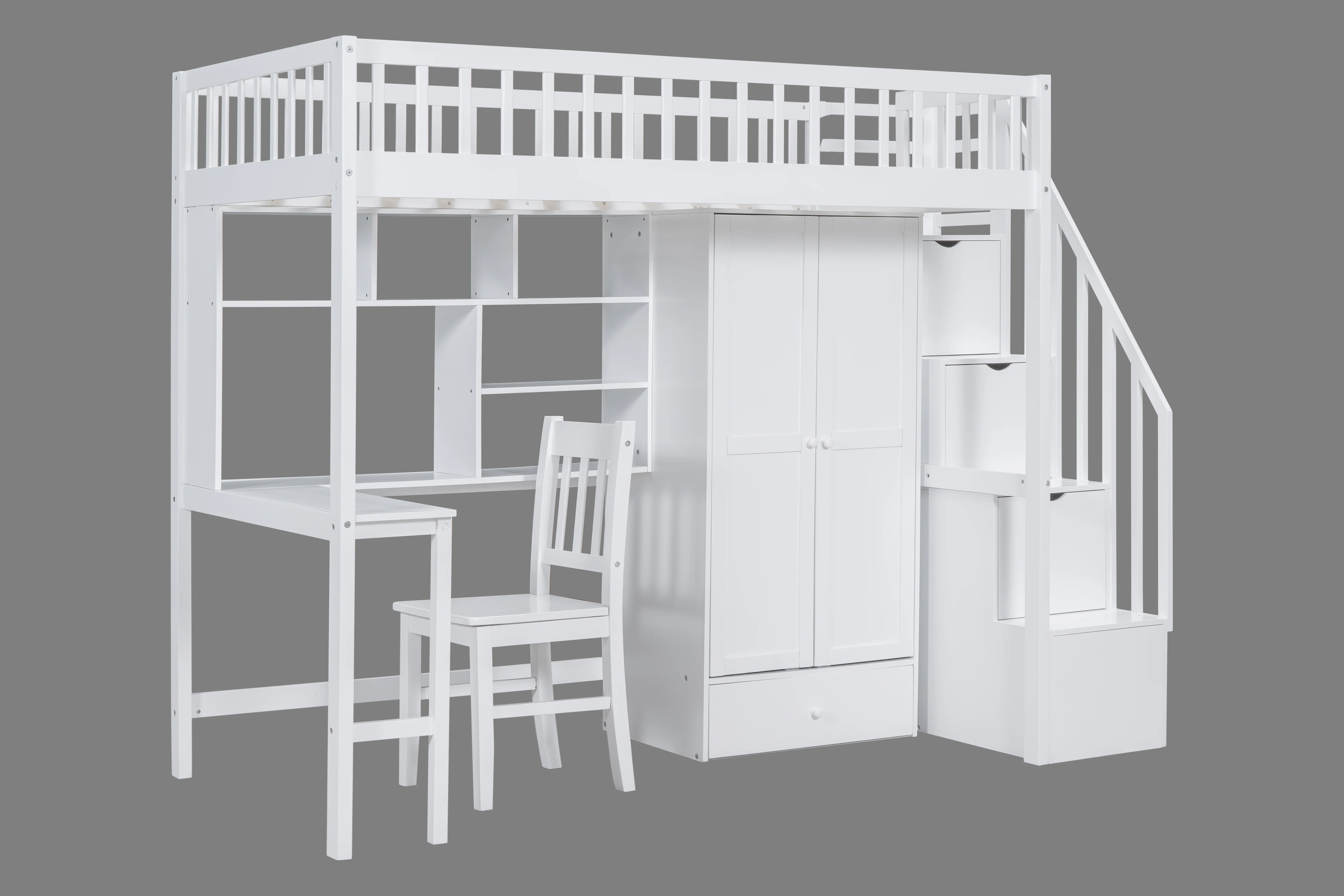 White Twin Loft Bed with Desk, Bookshelf, Wardrobe & Storage Stairs, Chair