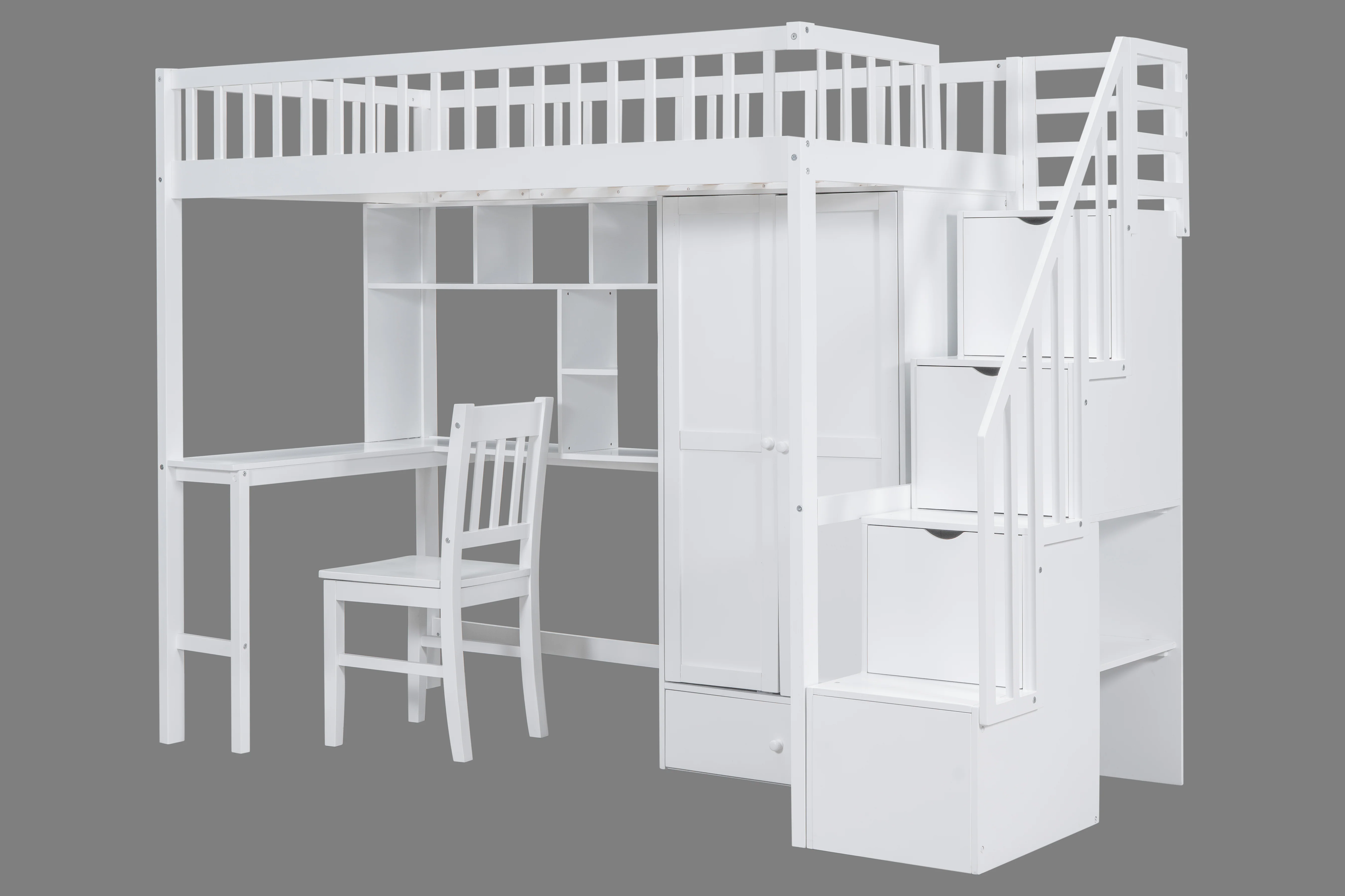 White Twin Loft Bed with Desk, Bookshelf, Wardrobe & Storage Stairs, Chair