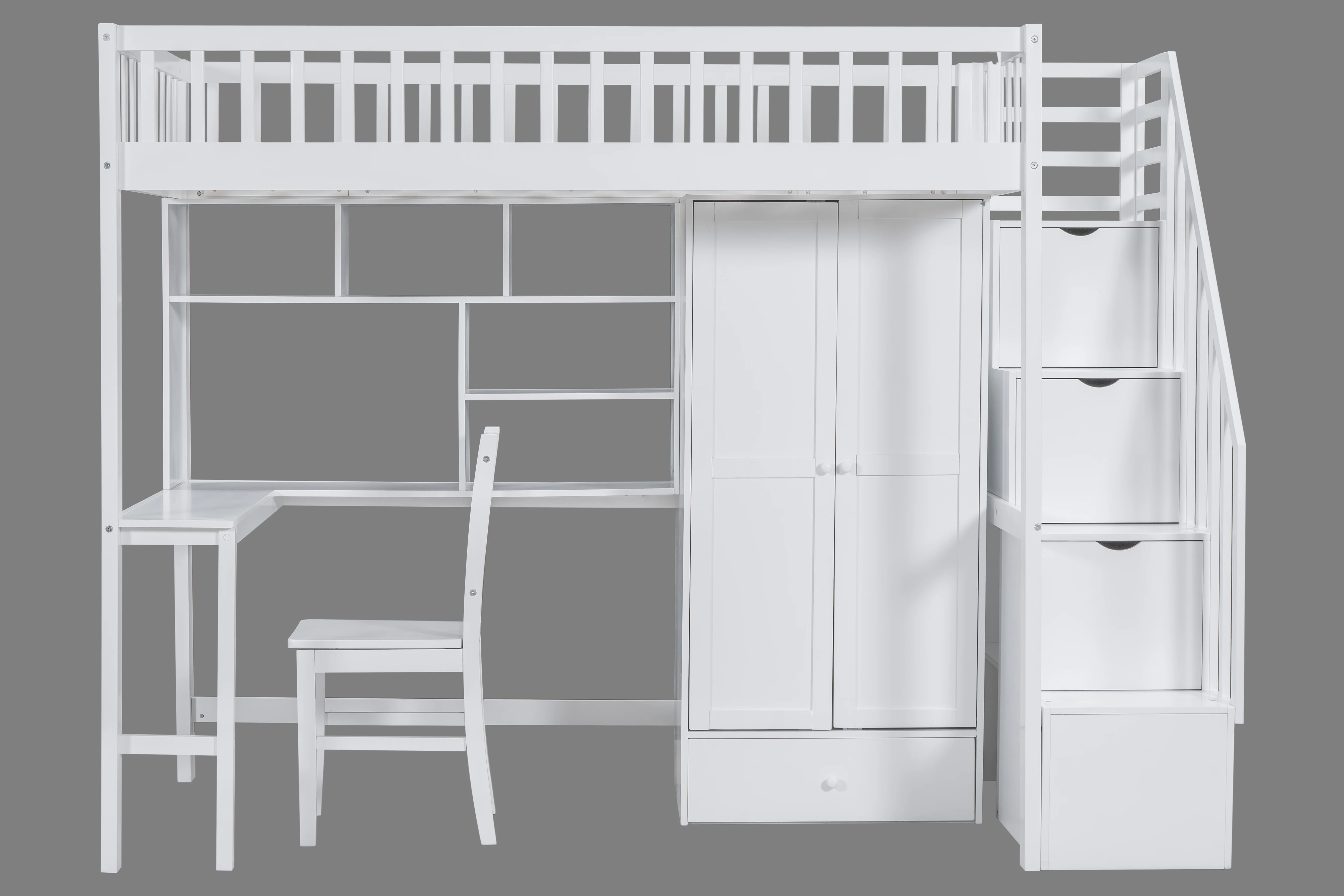White Twin Loft Bed with Desk, Bookshelf, Wardrobe & Storage Stairs, Chair