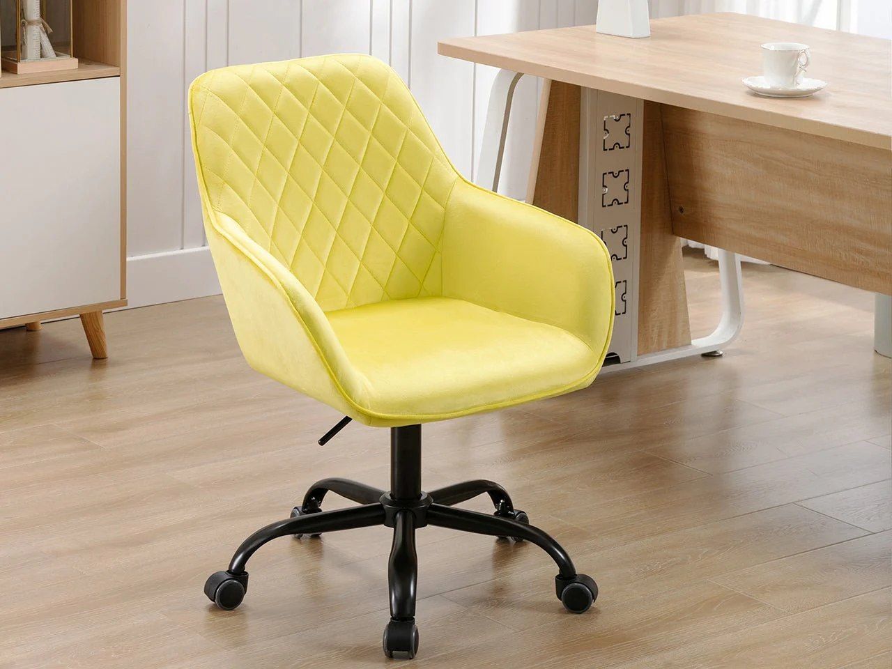 Modern Yellow Velvet Diamond Tufted Swivel Office Chair with Black Caster Base