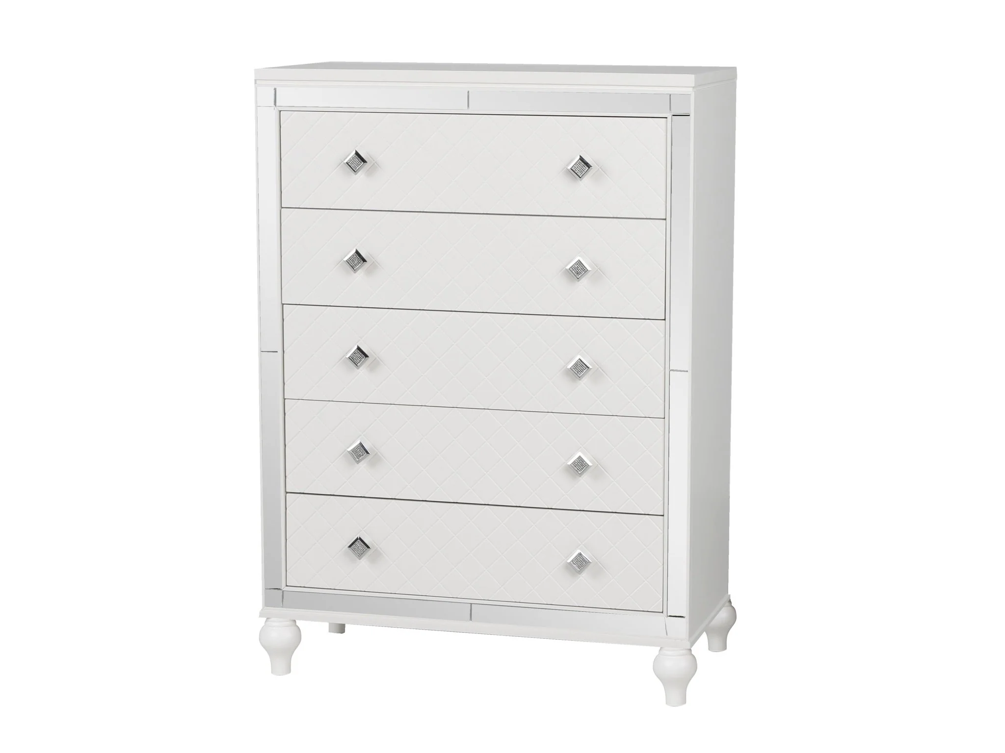 Glam White Diamond-Textured 5-Drawer Chest with Crystal-Style Knobs