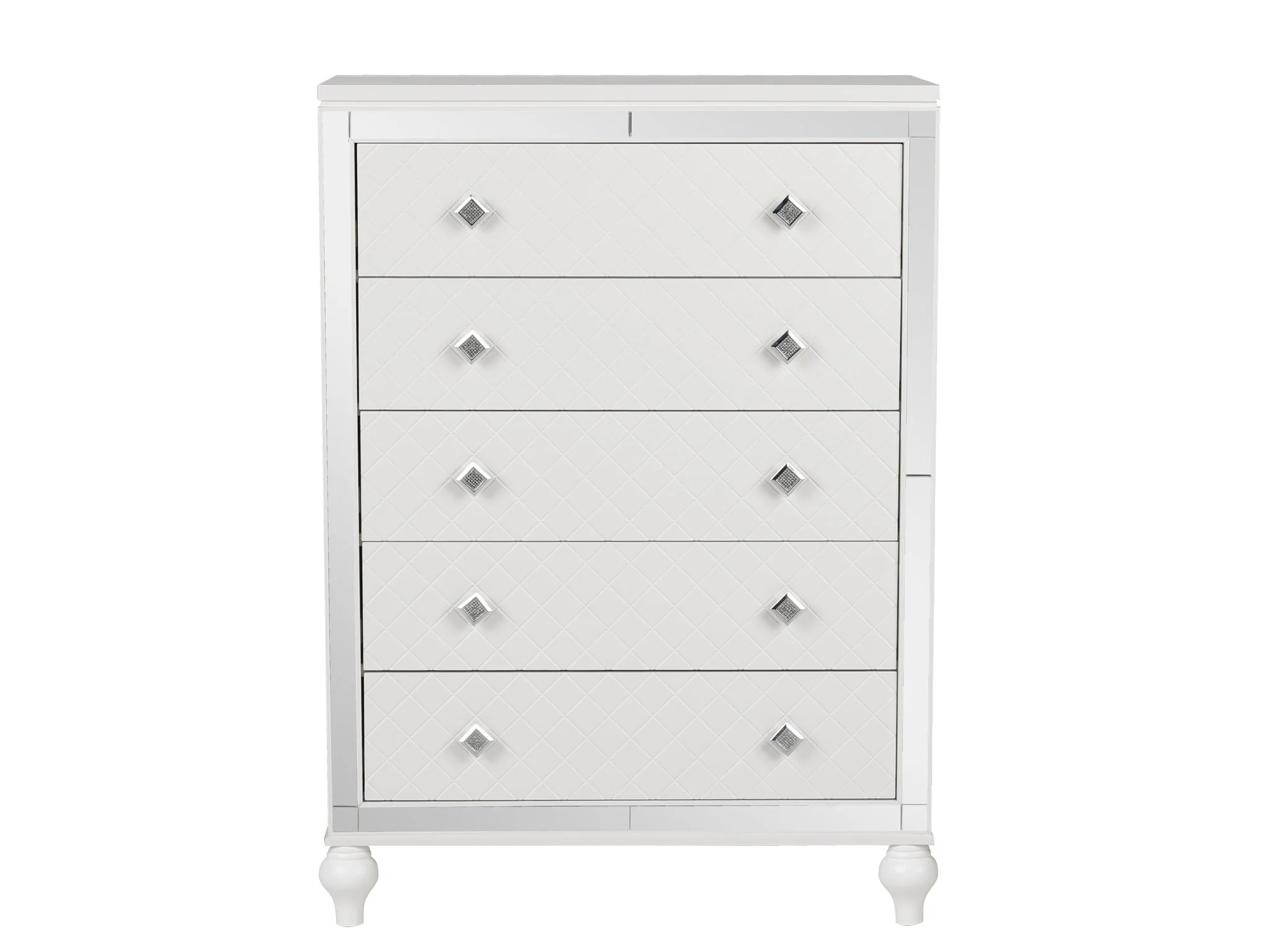 Glam White Diamond-Textured 5-Drawer Chest with Crystal-Style Knobs