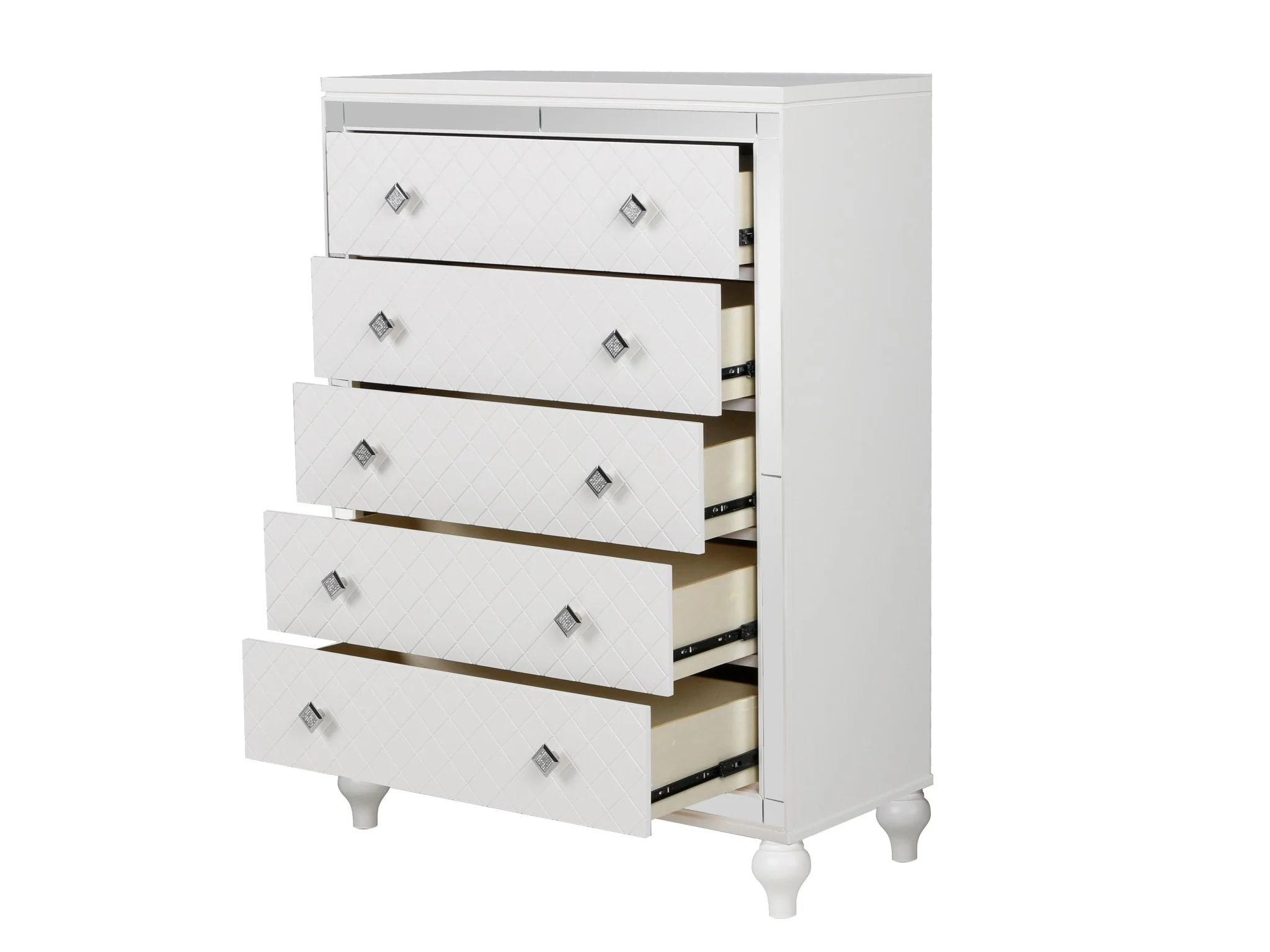 Glam White Diamond-Textured 5-Drawer Chest with Crystal-Style Knobs
