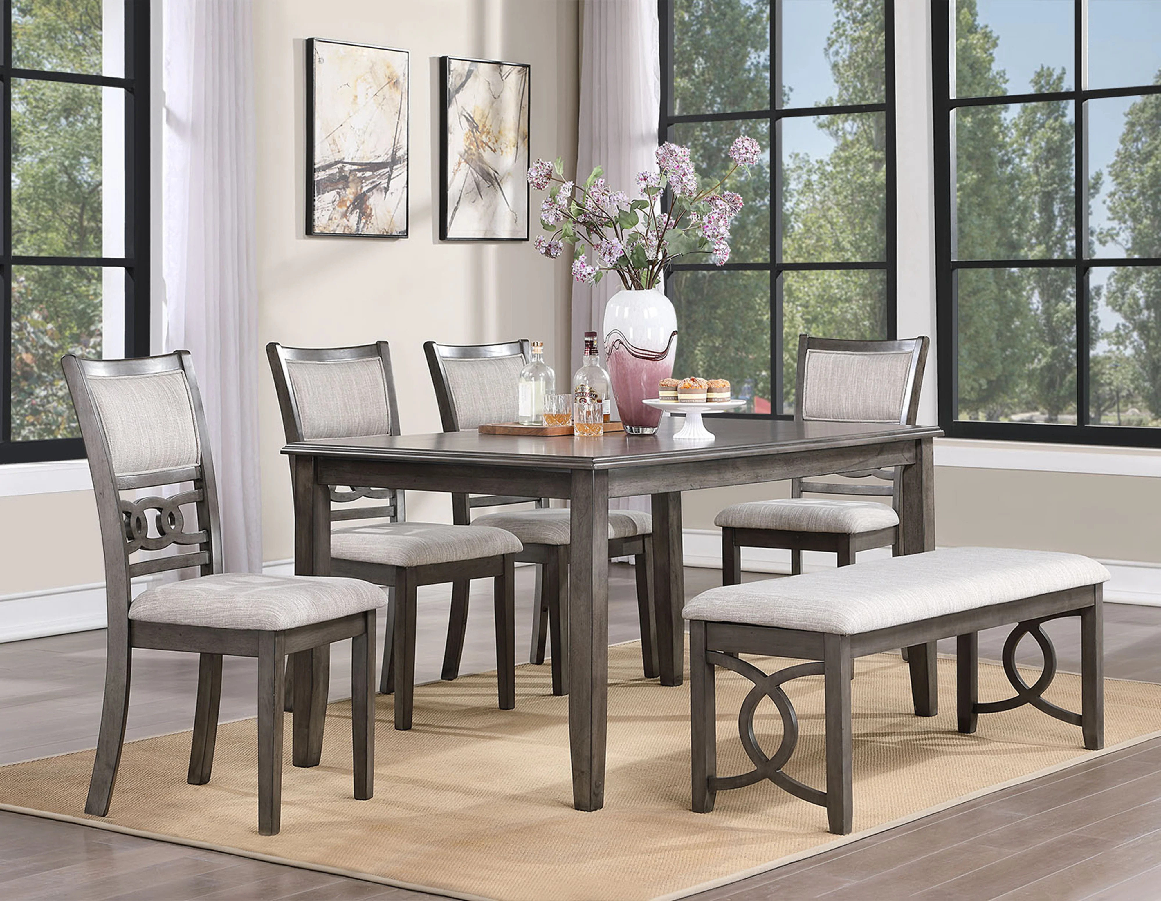 558-contemporary-gray-6-piece-dining-room-set-with-upholstered-chairs-bench-1.webp Contemporary Gray 6-Piece Dining Room Set with Upholstered Chairs & Bench