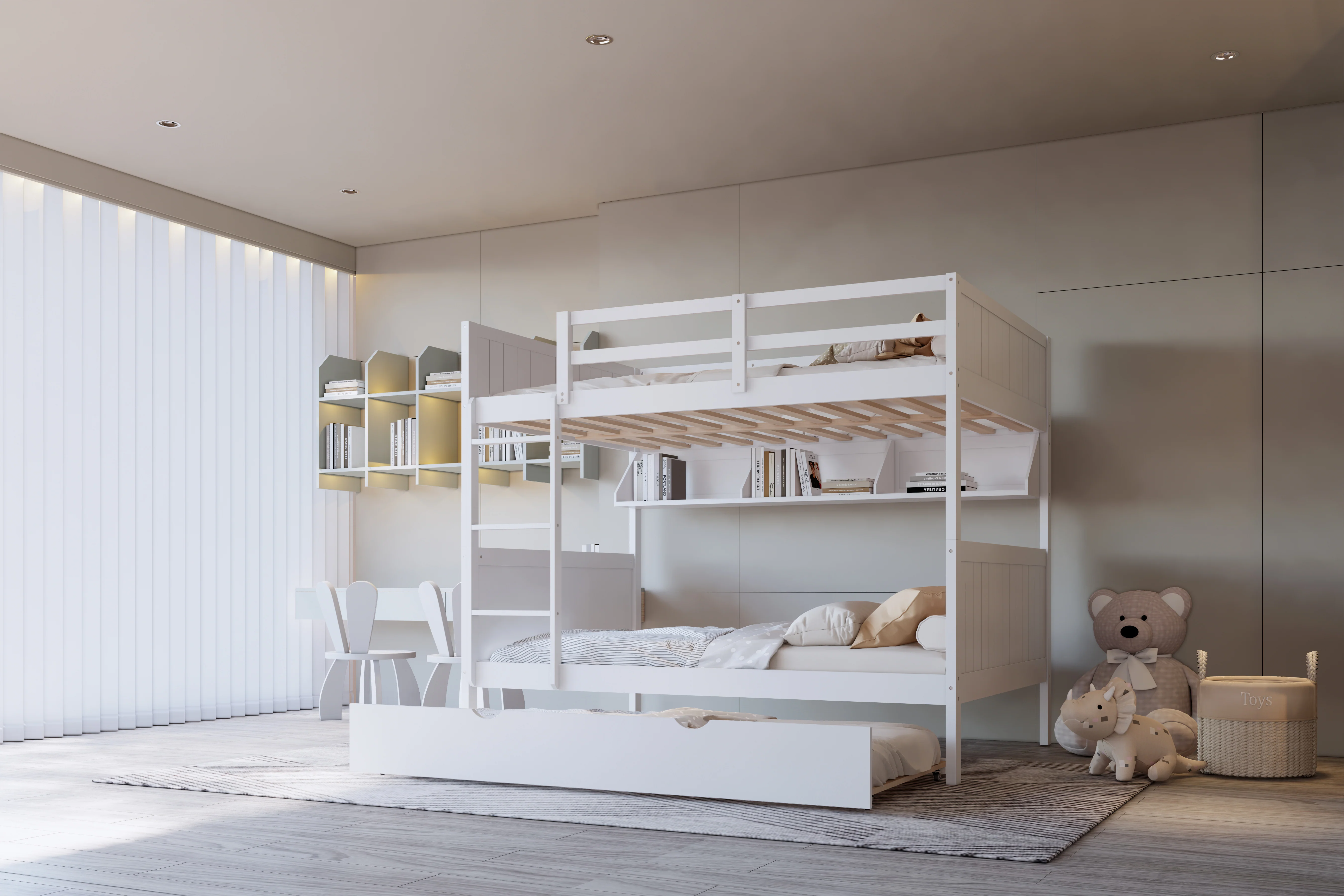 White Full Over Full Bunk Bed with Trundle & Storage Shelf