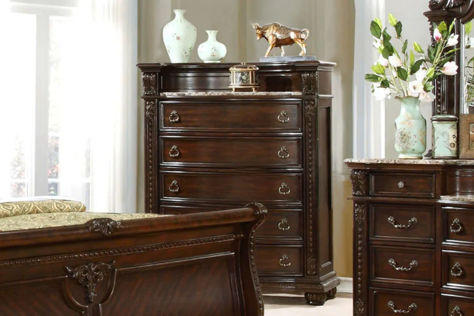Traditional 5-Drawer Chest in Dark Cherry with Carved Details