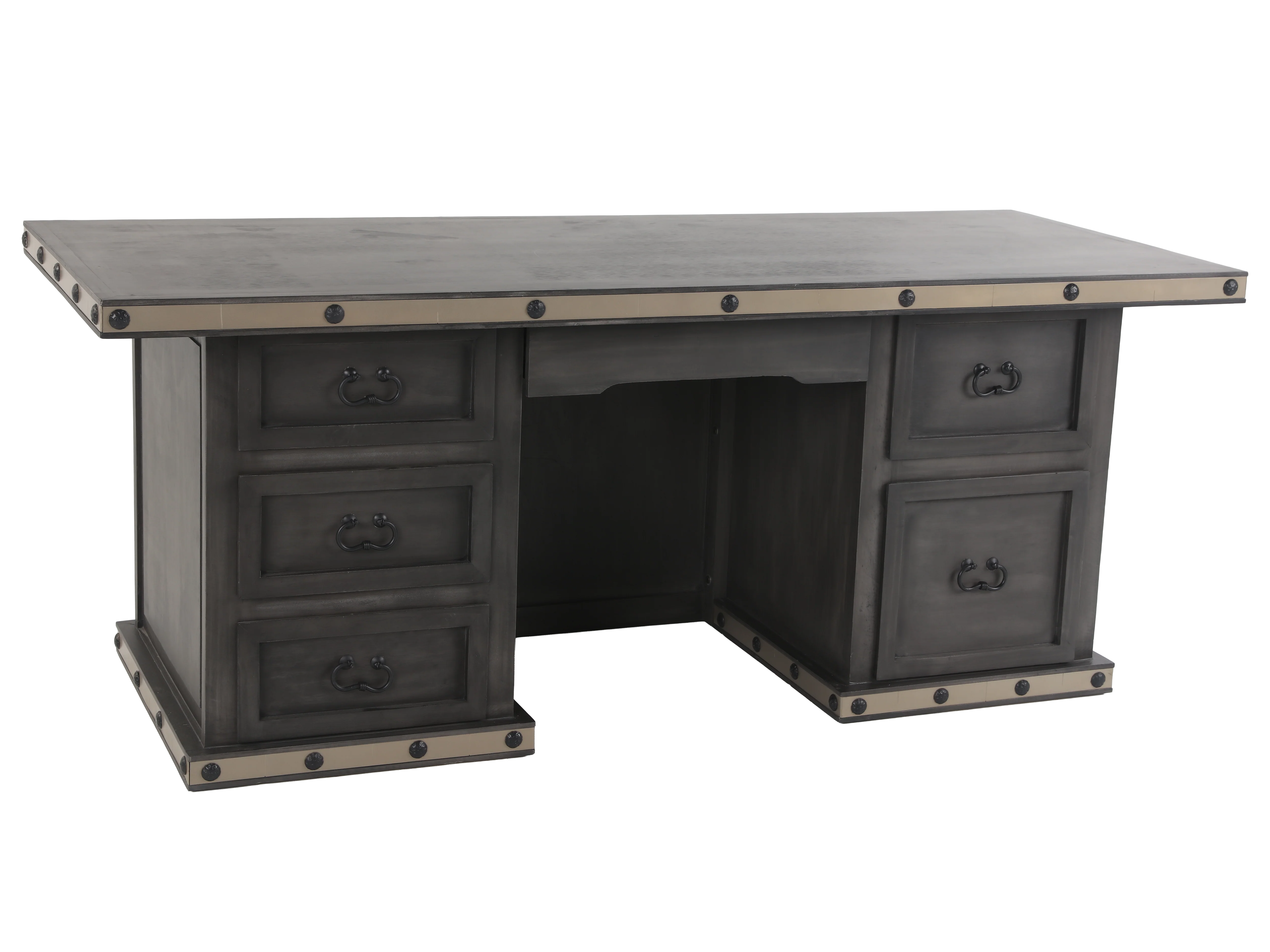 Industrial Gray Executive Desk with Metal Trim and Drawers