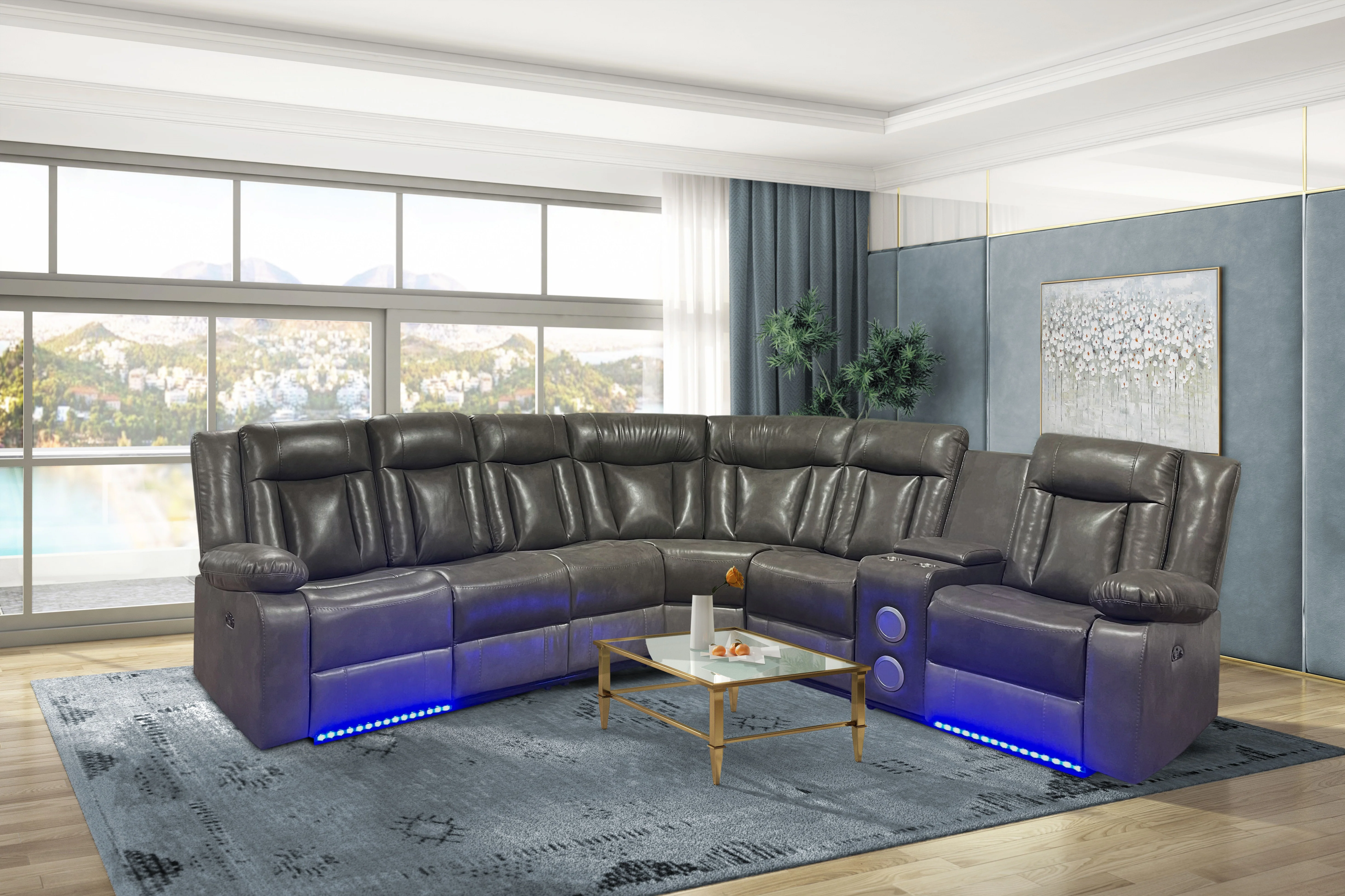 Grey 3-Piece Power Reclining Sectional with Drop-Down Table, Console & Speaker
