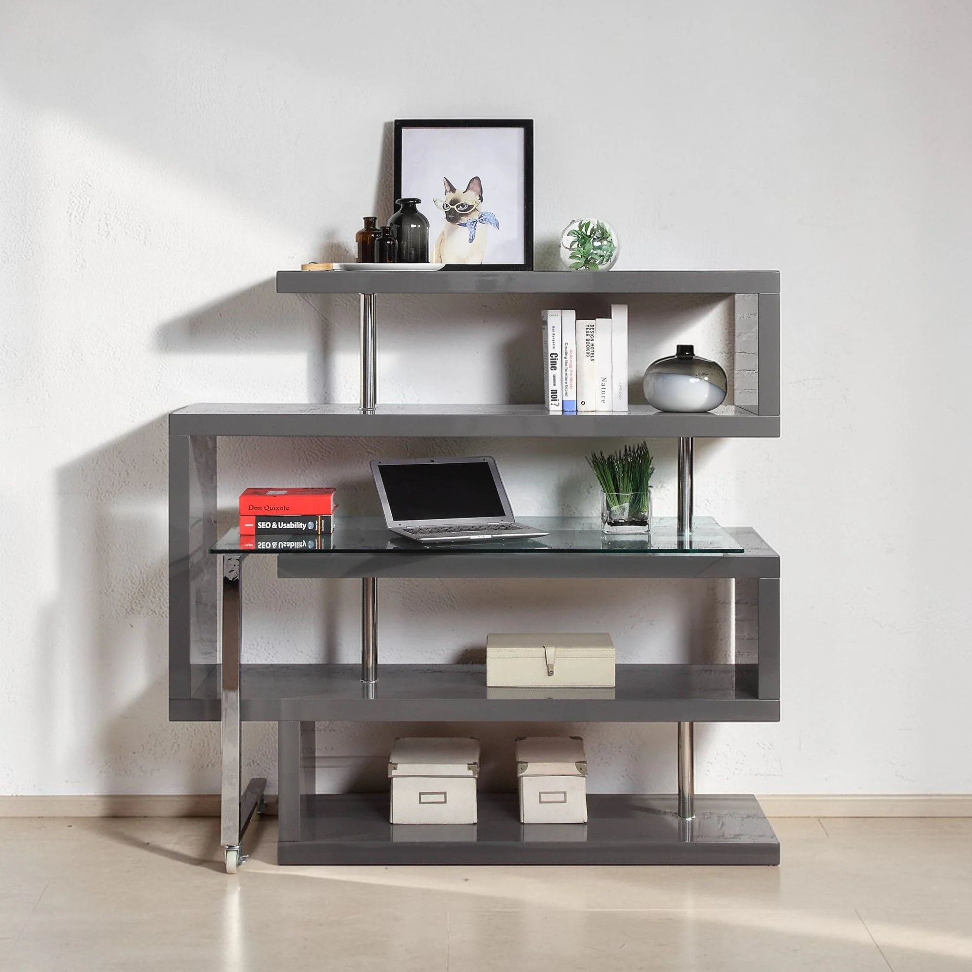 Buck II - Clear Glass, Chrome High Gloss Writing Desk With Shelf