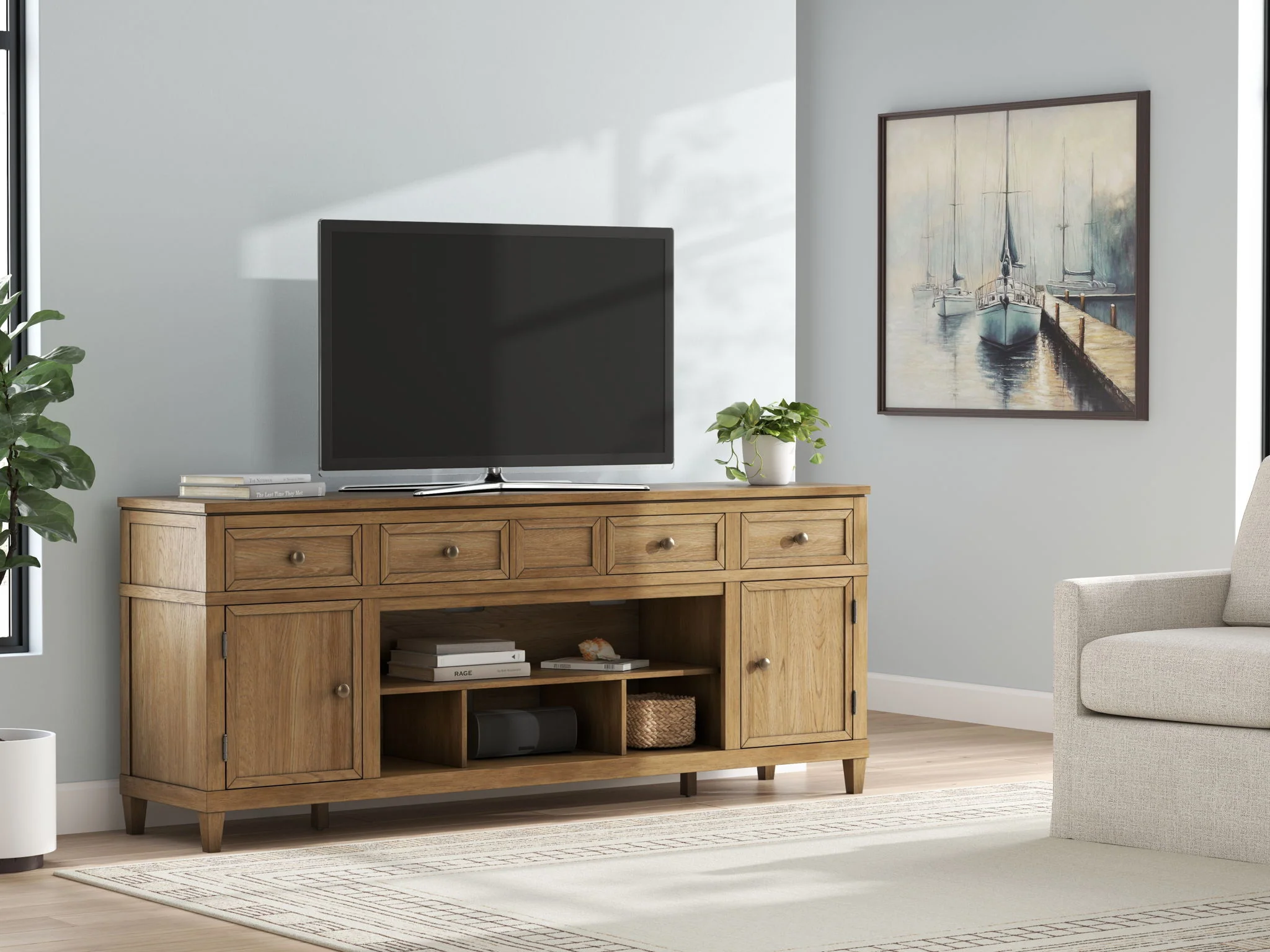 Sharlance - XL TV Stand With Fireplace Option - Light Brown