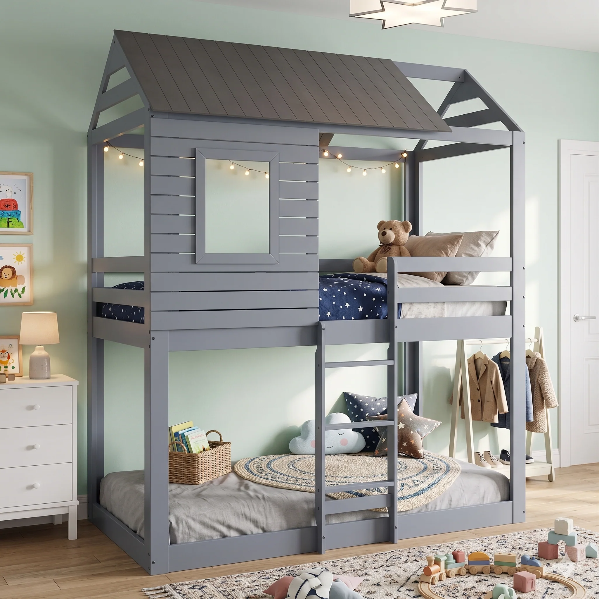 660-light-gray-twin-house-bunk-bed-with-dark-gray-roof-1.webp Light Gray Twin House Bunk Bed with Dark Gray Roof