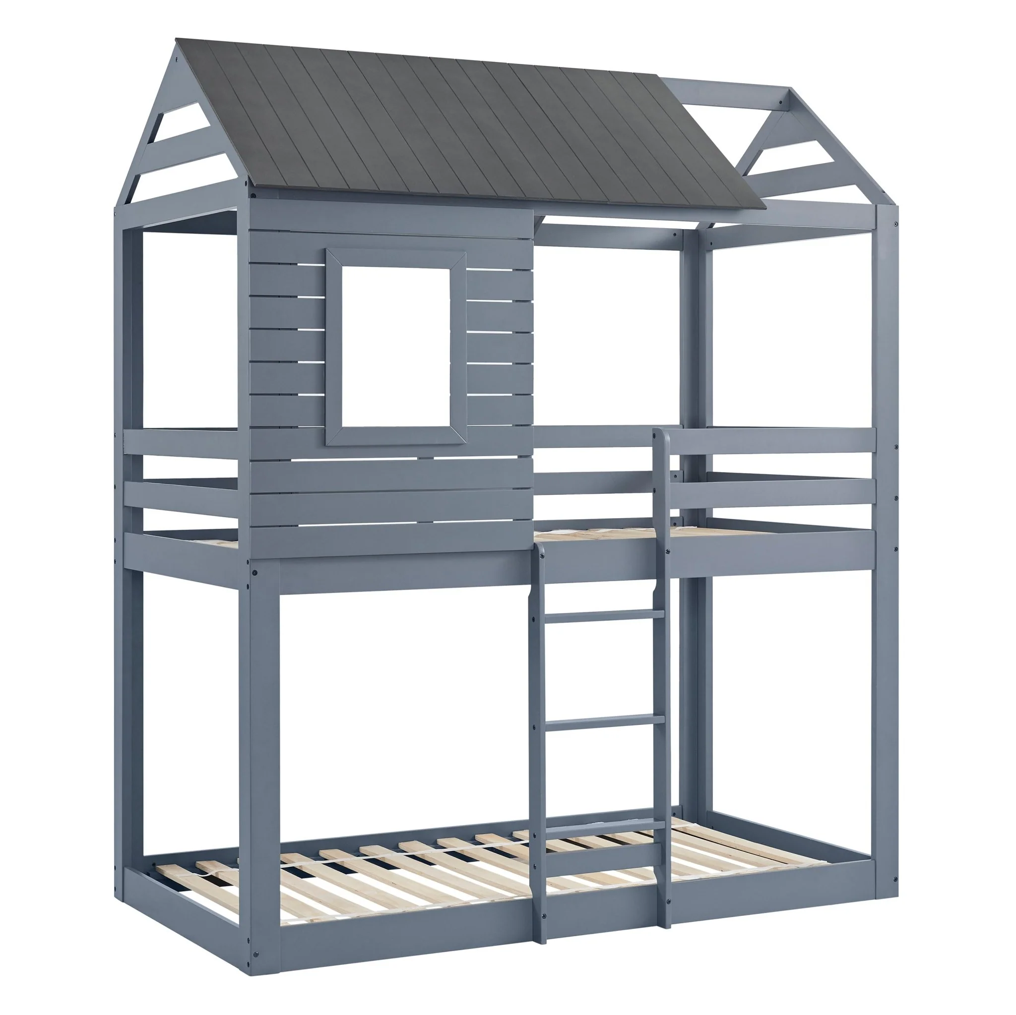 660-light-gray-twin-house-bunk-bed-with-dark-gray-roof-2.webp Light Gray Twin House Bunk Bed with Dark Gray Roof