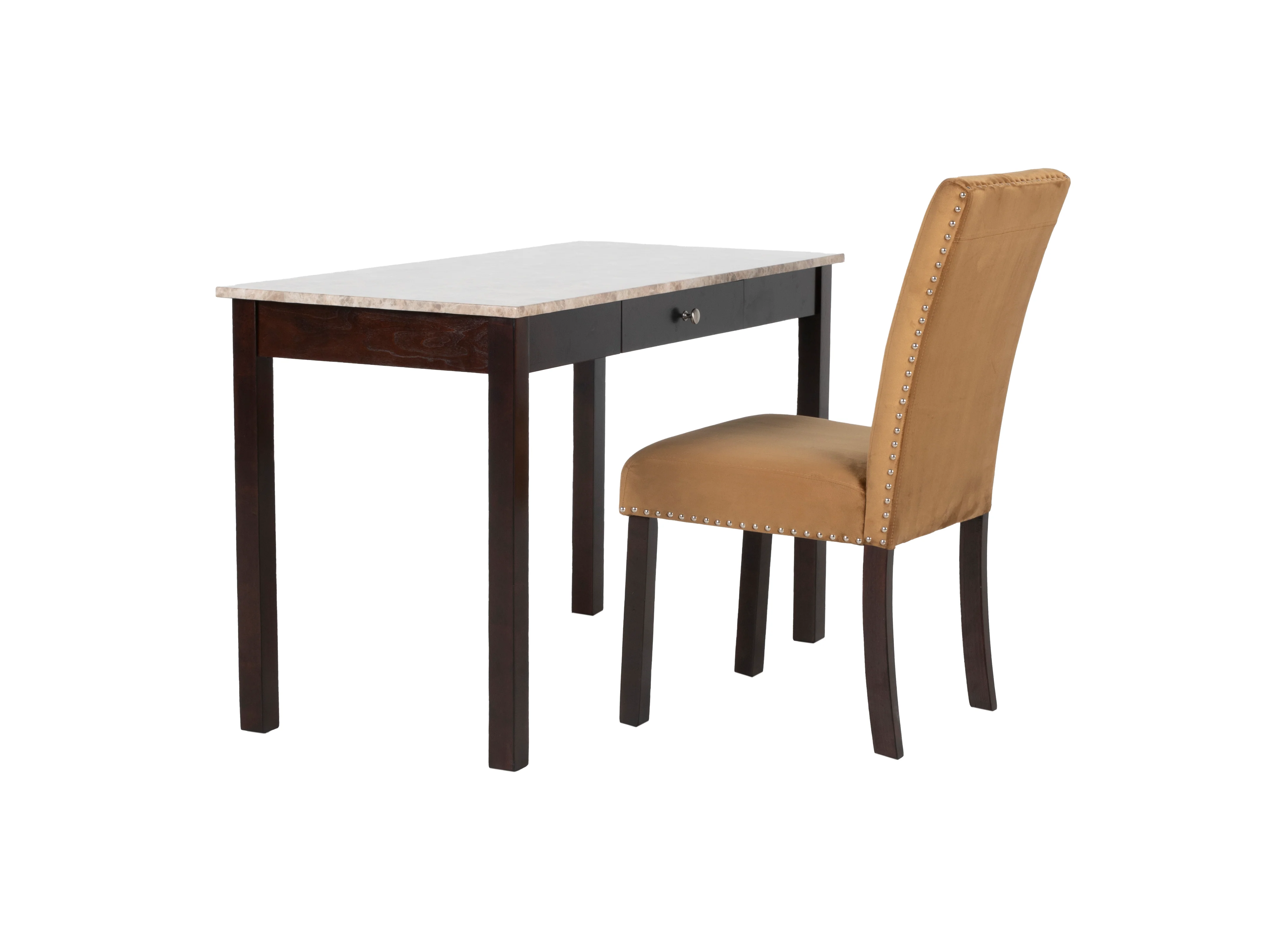 Faux Marble Top Writing Desk & Upholstered Chair Set (Dark Brown)