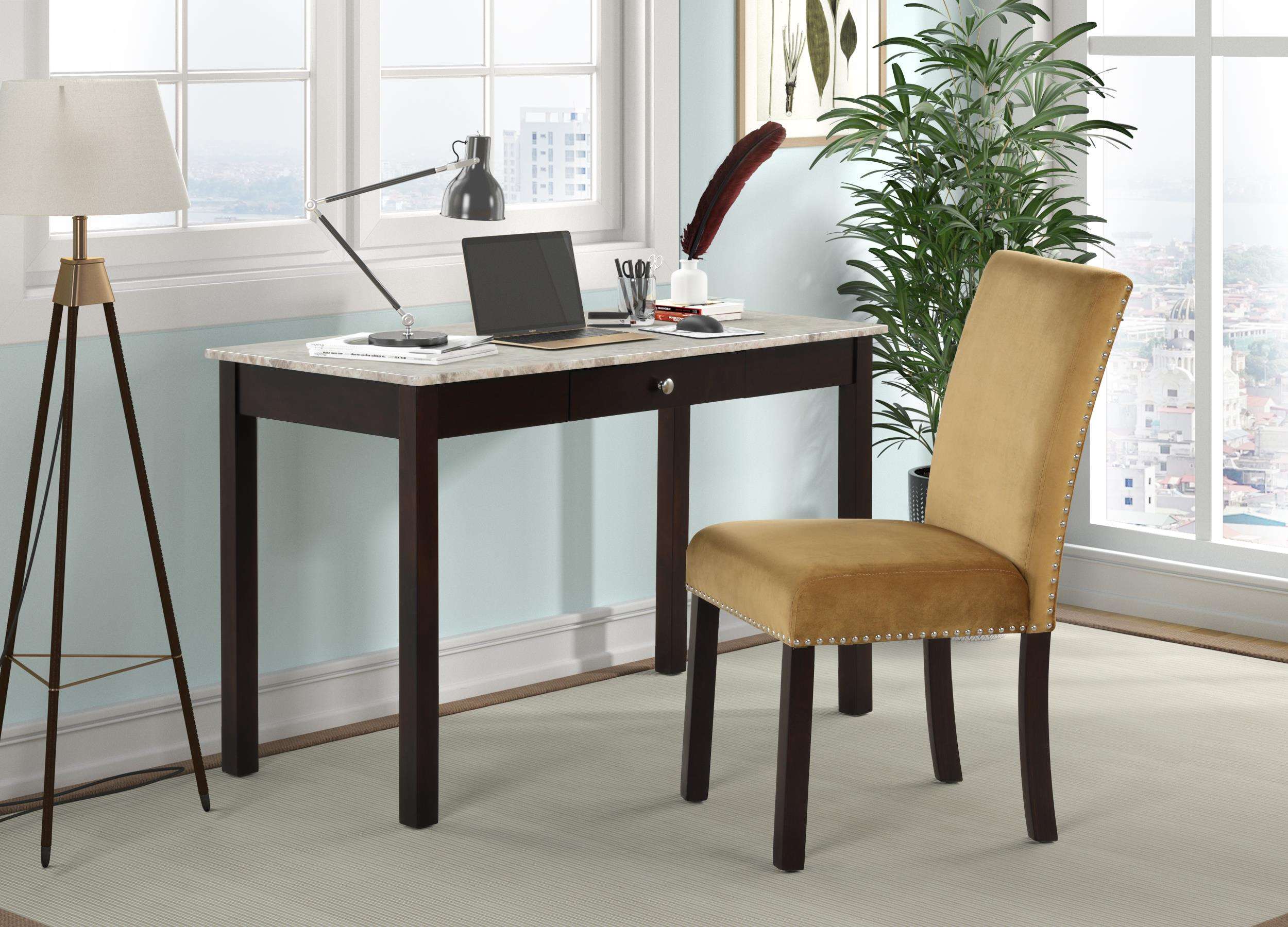 Faux Marble Top Writing Desk & Upholstered Chair Set (Dark Brown)