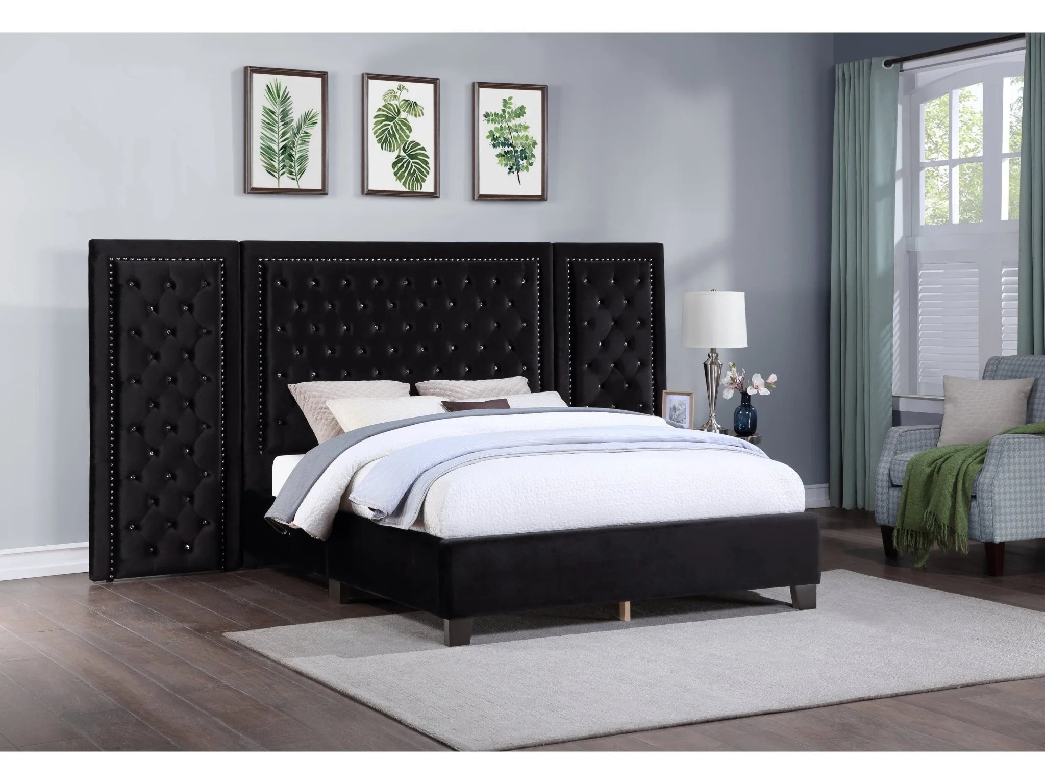 667-black-velvet-queen-bed-with-tufted-panel-headboard-and-nailhead-trim-1.webp Black Velvet Queen Bed with Tufted Panel Headboard and Nailhead Trim