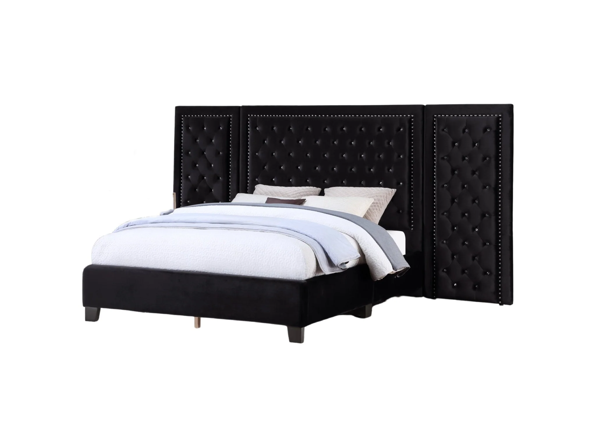 Black Velvet Queen Bed with Tufted Panel Headboard and Nailhead Trim