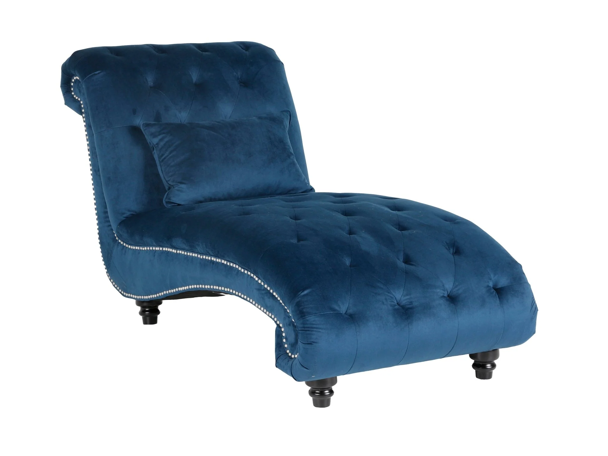 Blue Velvet Tufted Chaise Lounge with Nailhead Trim & Lumbar Pillow
