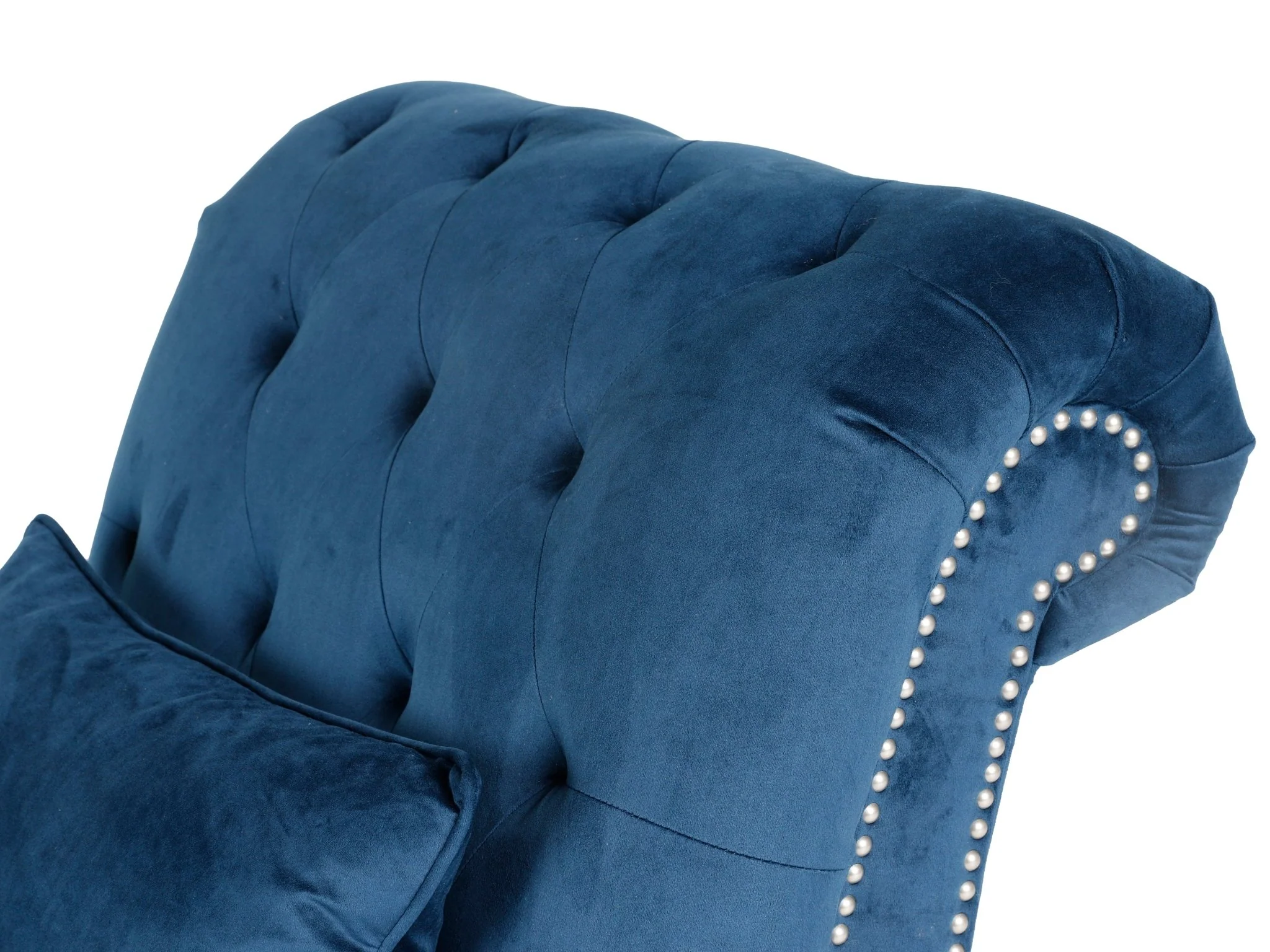 Blue Velvet Tufted Chaise Lounge with Nailhead Trim & Lumbar Pillow