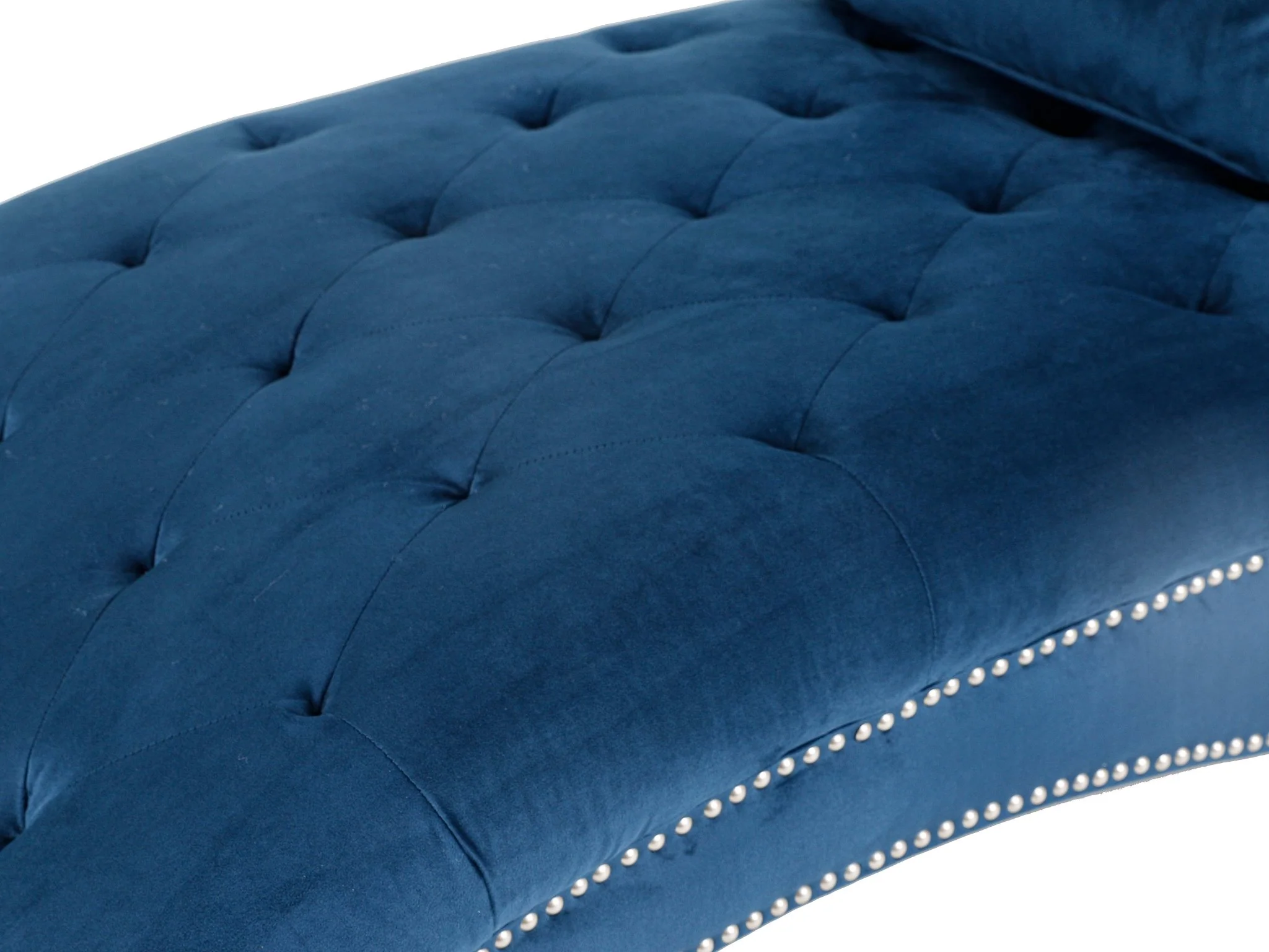 Blue Velvet Tufted Chaise Lounge with Nailhead Trim & Lumbar Pillow