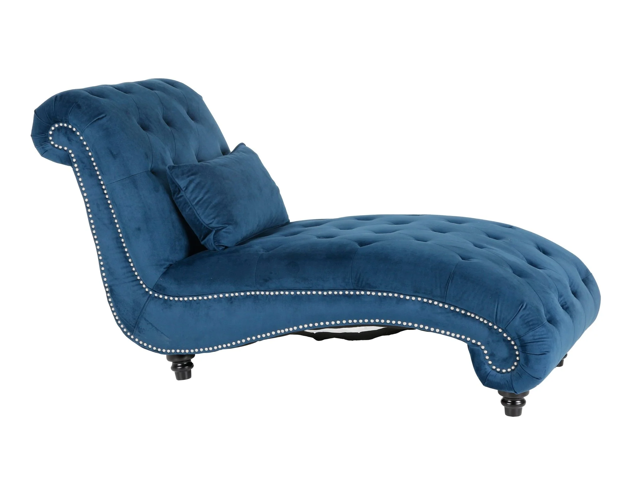 Blue Velvet Tufted Chaise Lounge with Nailhead Trim & Lumbar Pillow