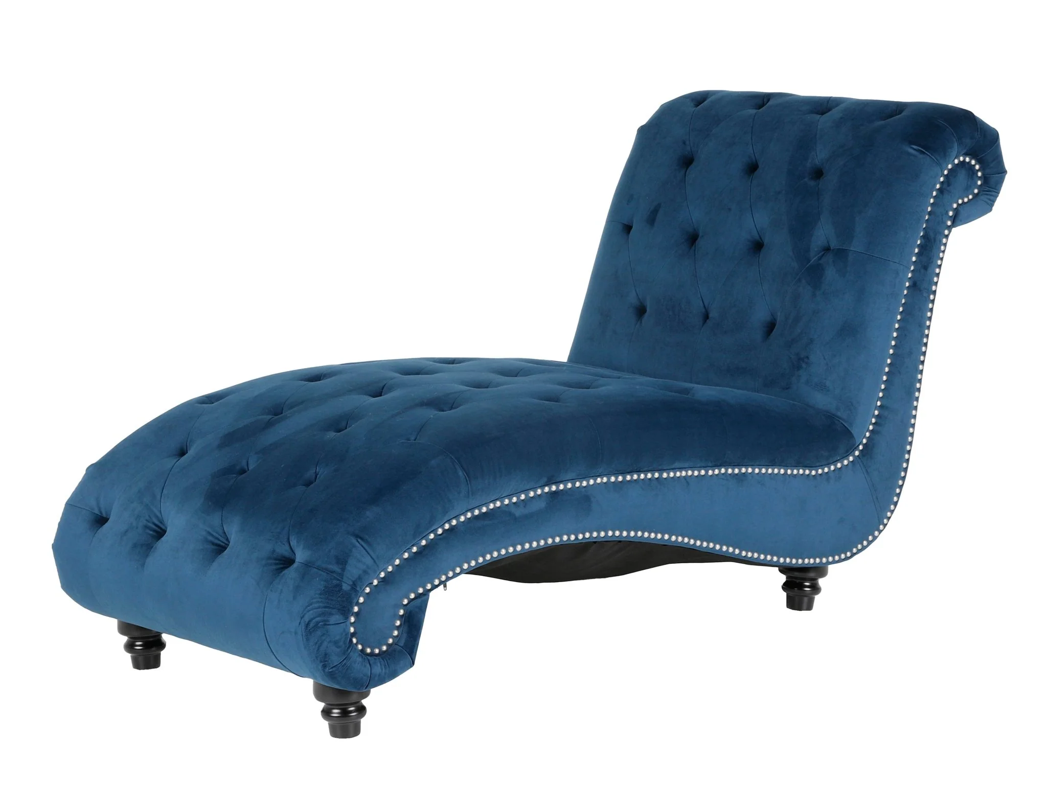 Blue Velvet Tufted Chaise Lounge with Nailhead Trim & Lumbar Pillow