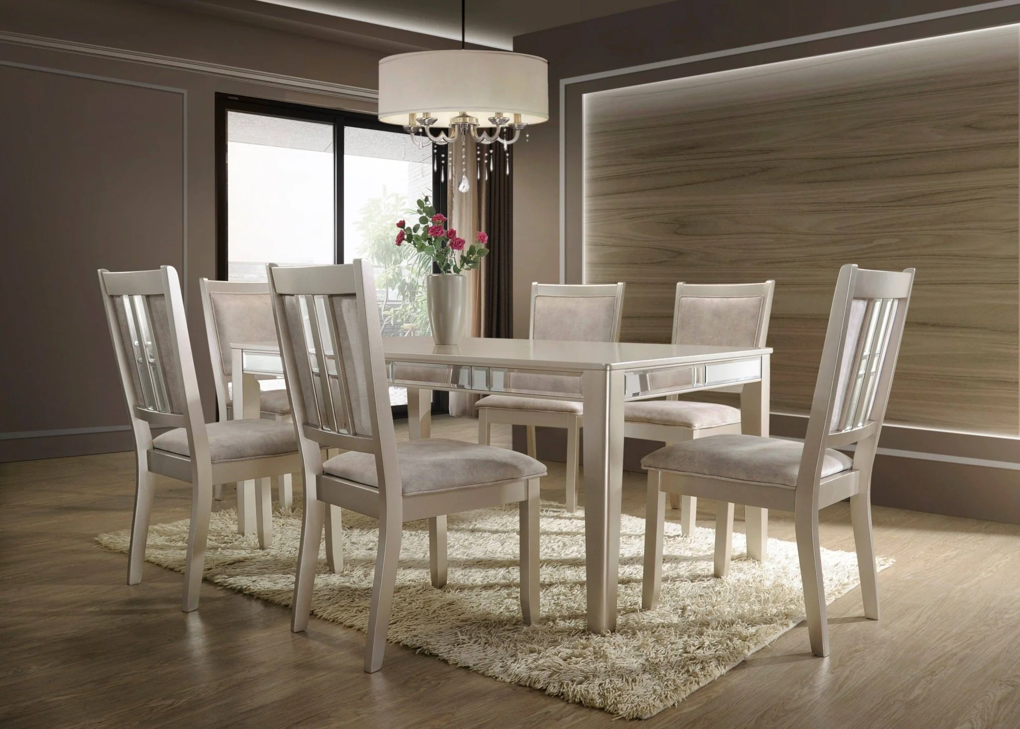 Rose Gold 7-Piece Dining Set with Mirror-Inset Table & Upholstered Chairs