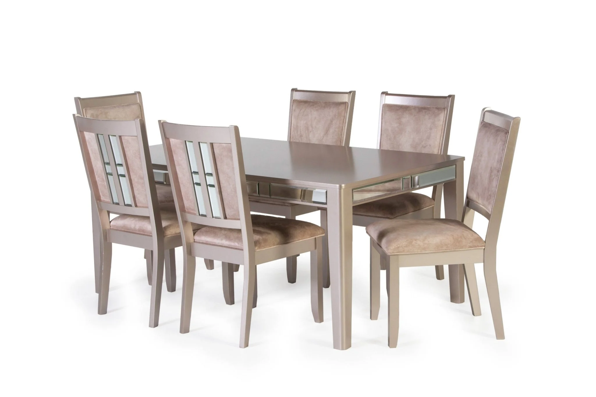 Rose Gold 7-Piece Dining Set with Mirror-Inset Table & Upholstered Chairs