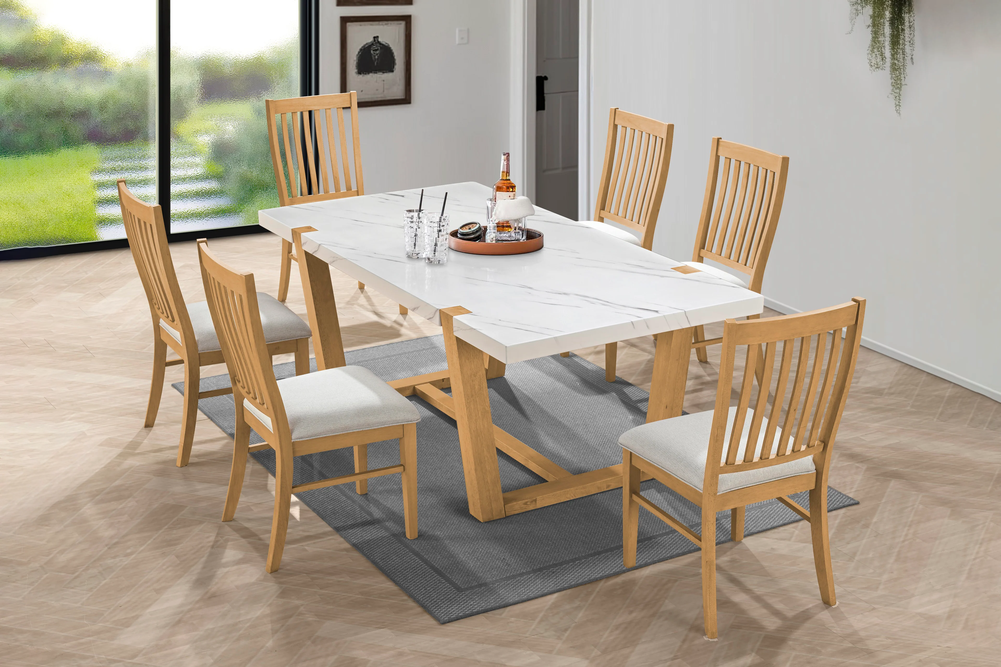 Light Brown 7-Piece Dining Set with Faux-Marble Top & Natural Oak Chairs