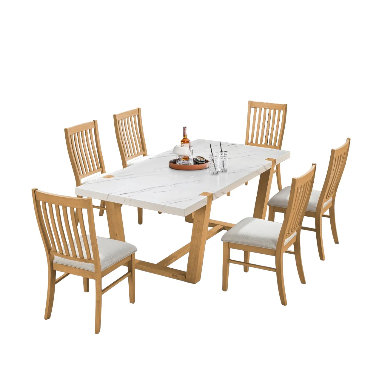 71-light-brown-7-piece-dining-set-with-faux-marble-top-natural-oak-chairs-2.webp Light Brown 7-Piece Dining Set with Faux-Marble Top & Natural Oak Chairs