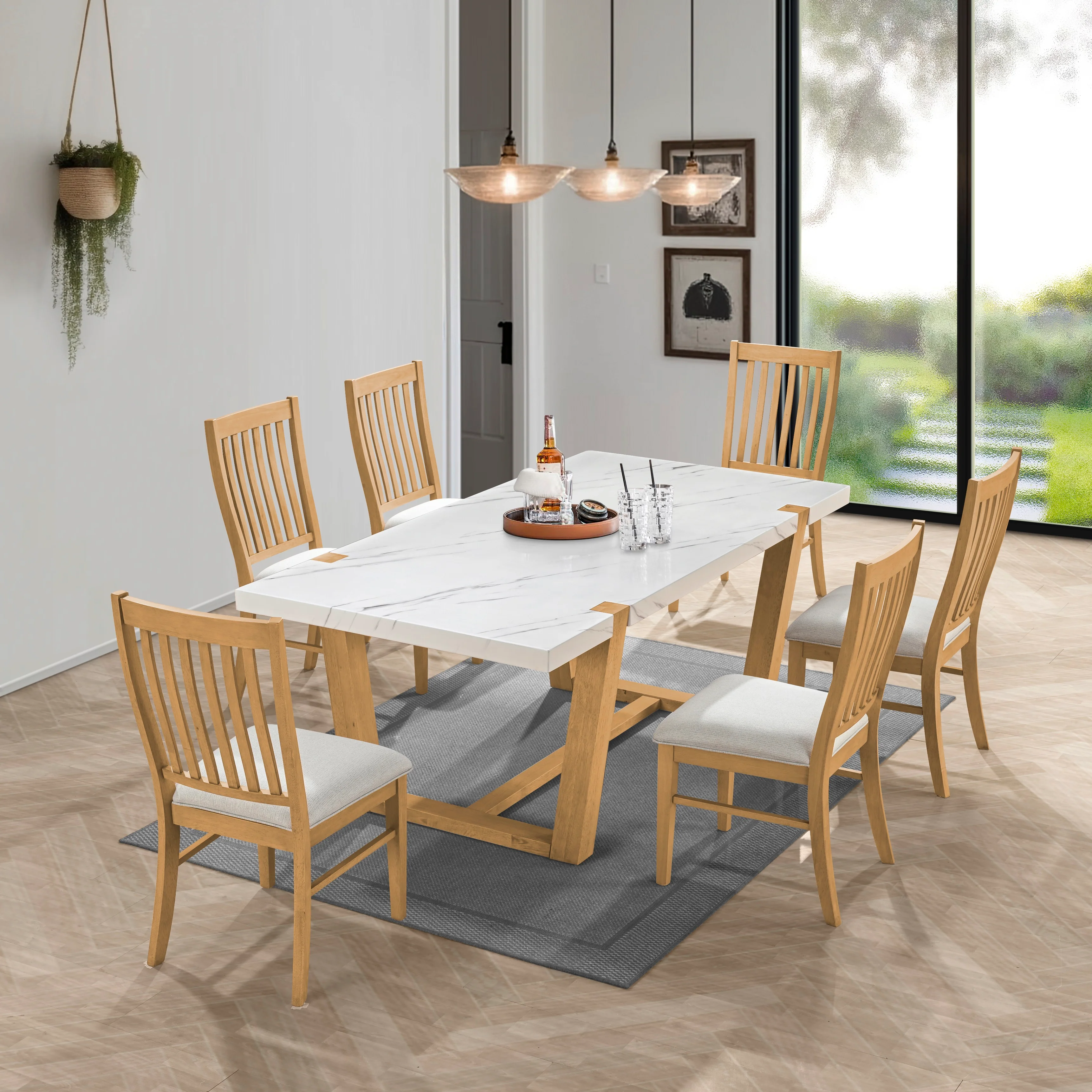 71-light-brown-7-piece-dining-set-with-faux-marble-top-natural-oak-chairs-3.webp Light Brown 7-Piece Dining Set with Faux-Marble Top & Natural Oak Chairs