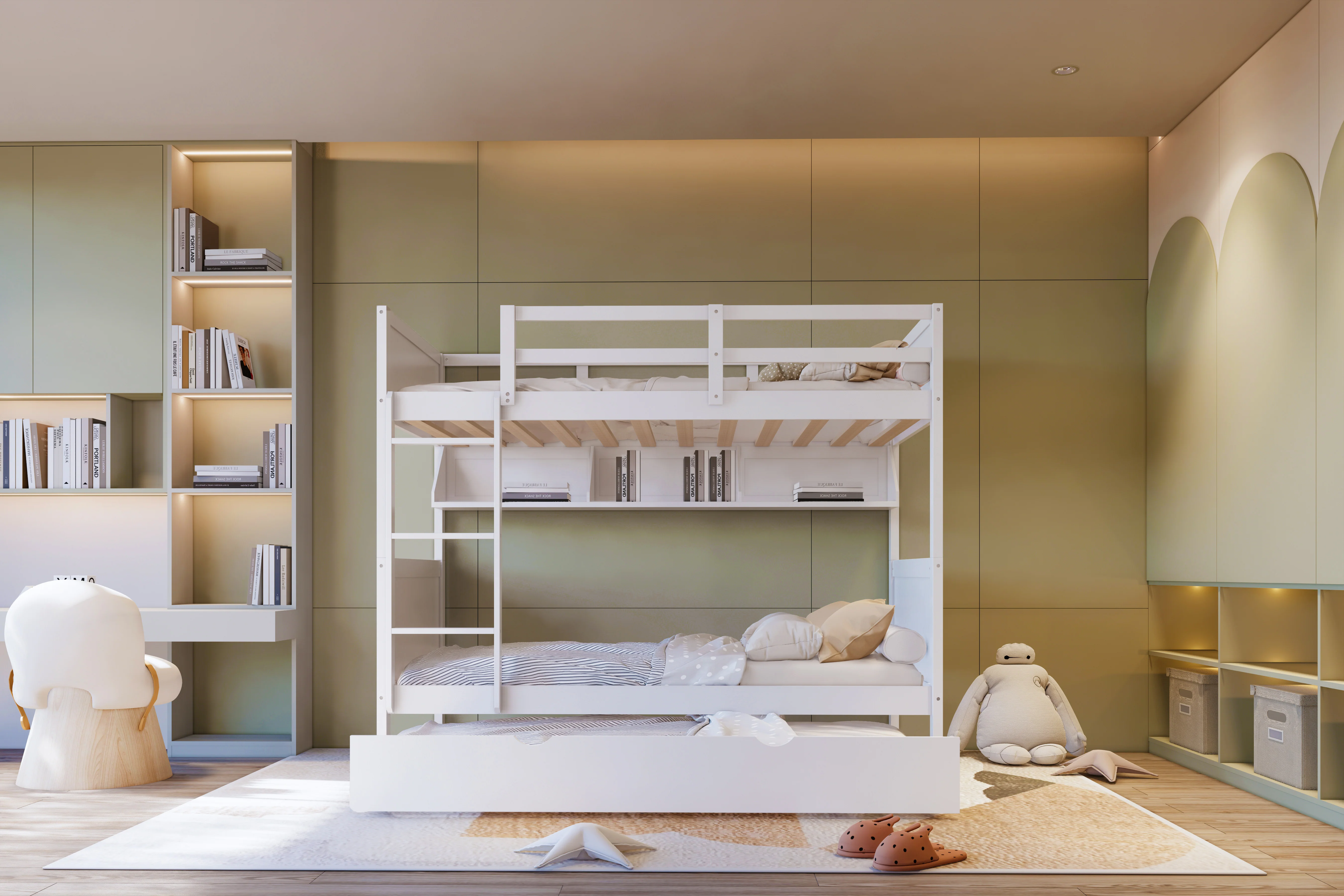 White Twin-Over-Twin Bunk Bed with Bookshelf & Roll-Out Trundle