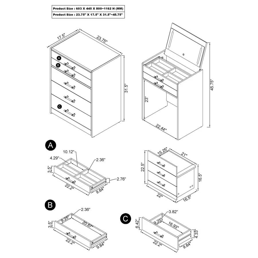 Danbury - 3-Drawer Makeup Vanity & Stool Set