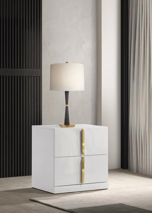 Ines - 2-Drawer Nightstand Bedside Table - White High Gloss