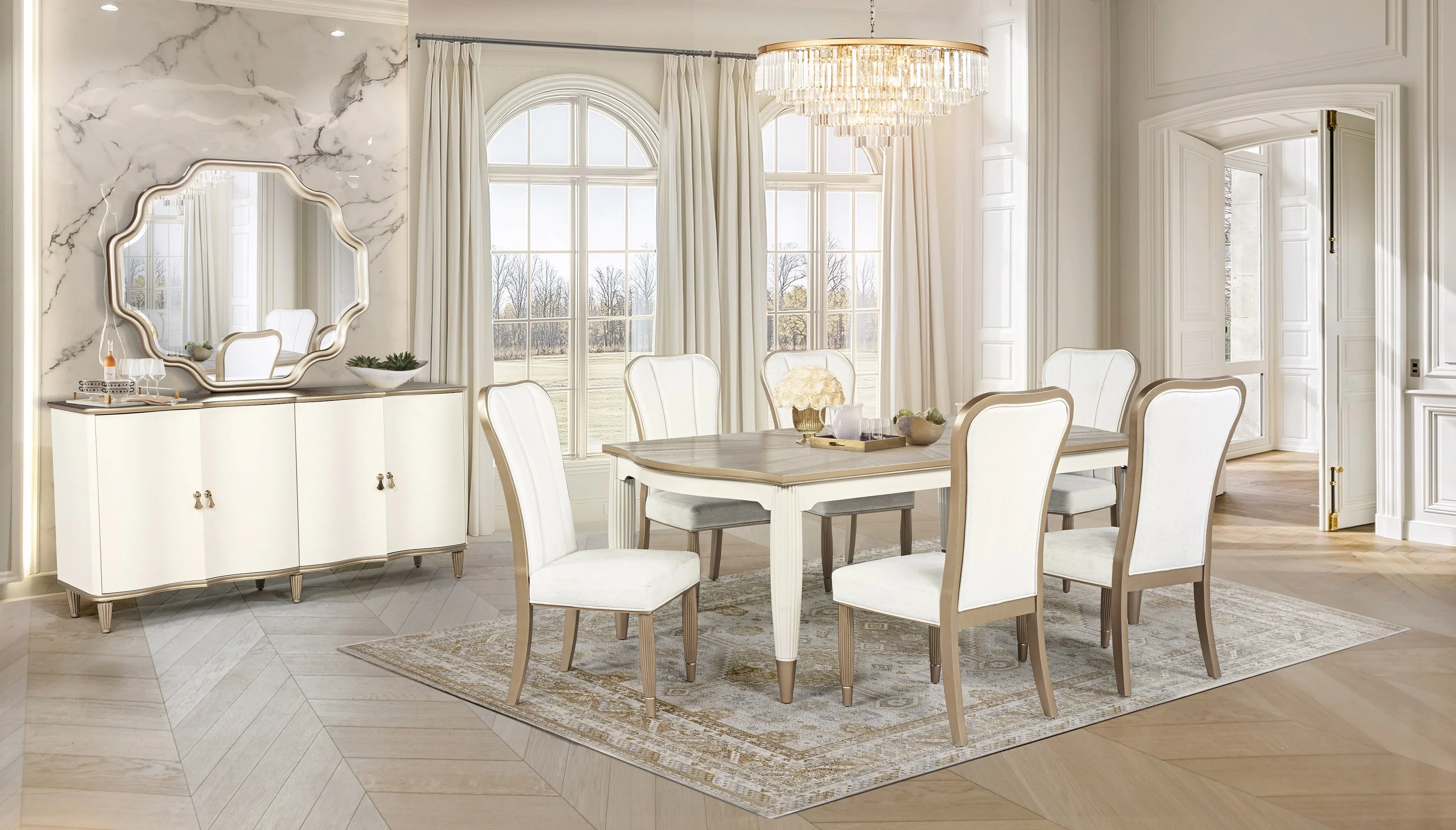 Pearl White & Champagne 7 Piece Dining Room Set