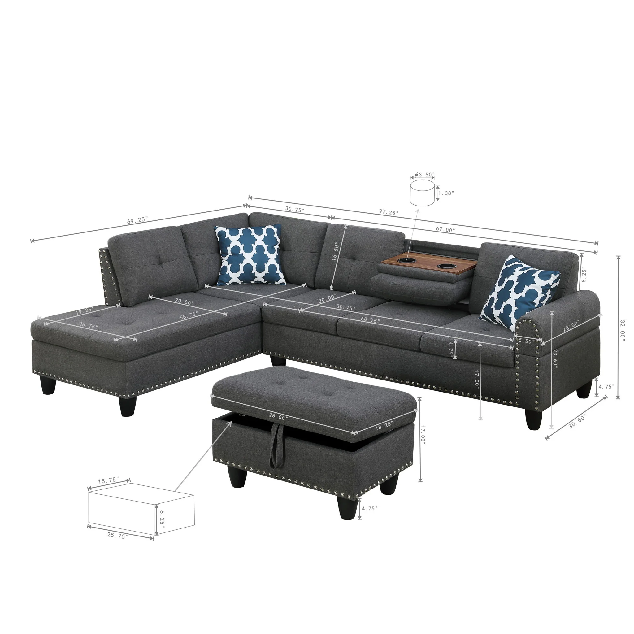 Alger - 98" Wide Left Hand Facing Sofa & Chaise With Ottoman