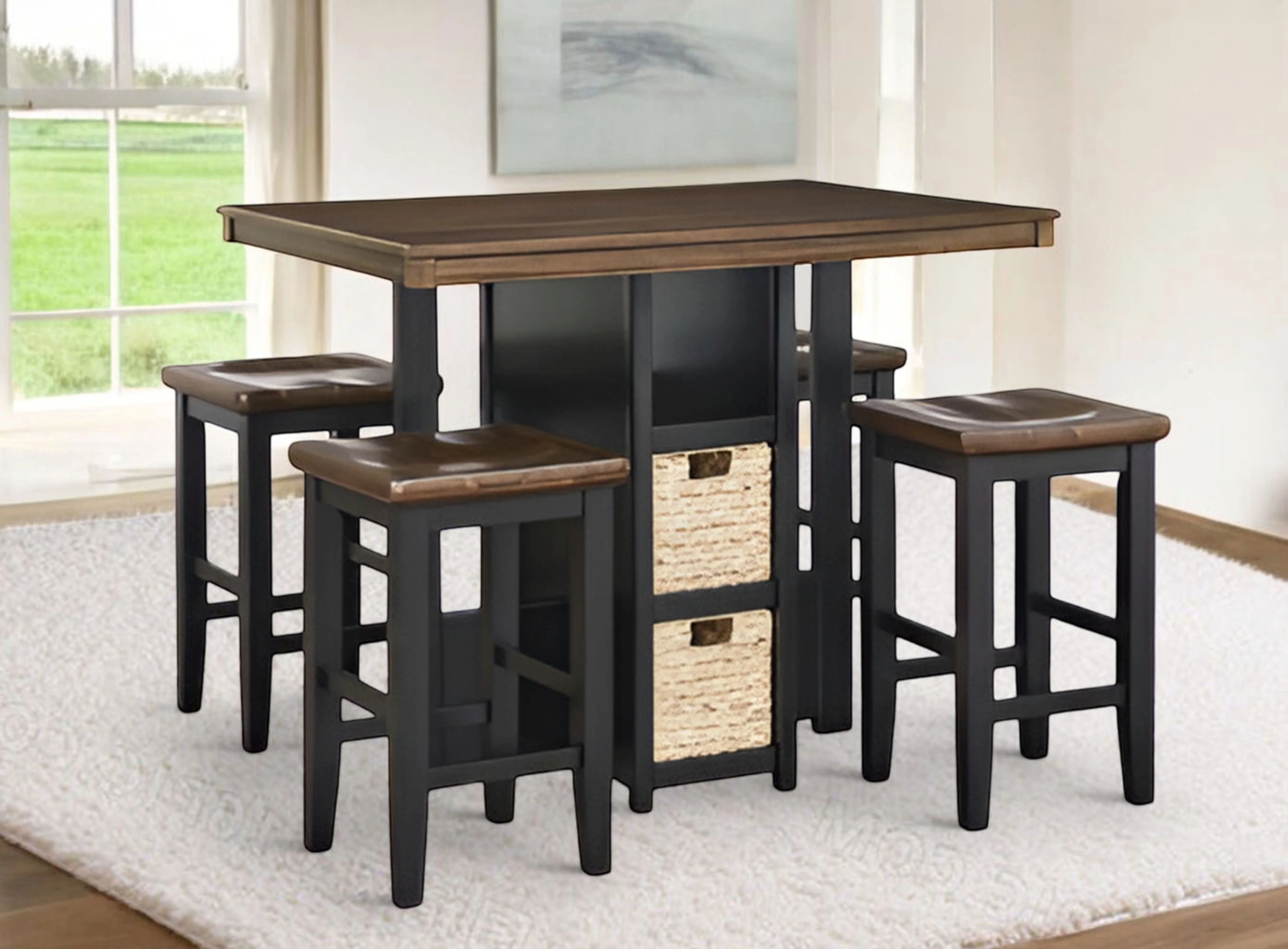 Farmhouse Black & Brown 5-Piece Counter-Height Dining Set with Storage Baskets
