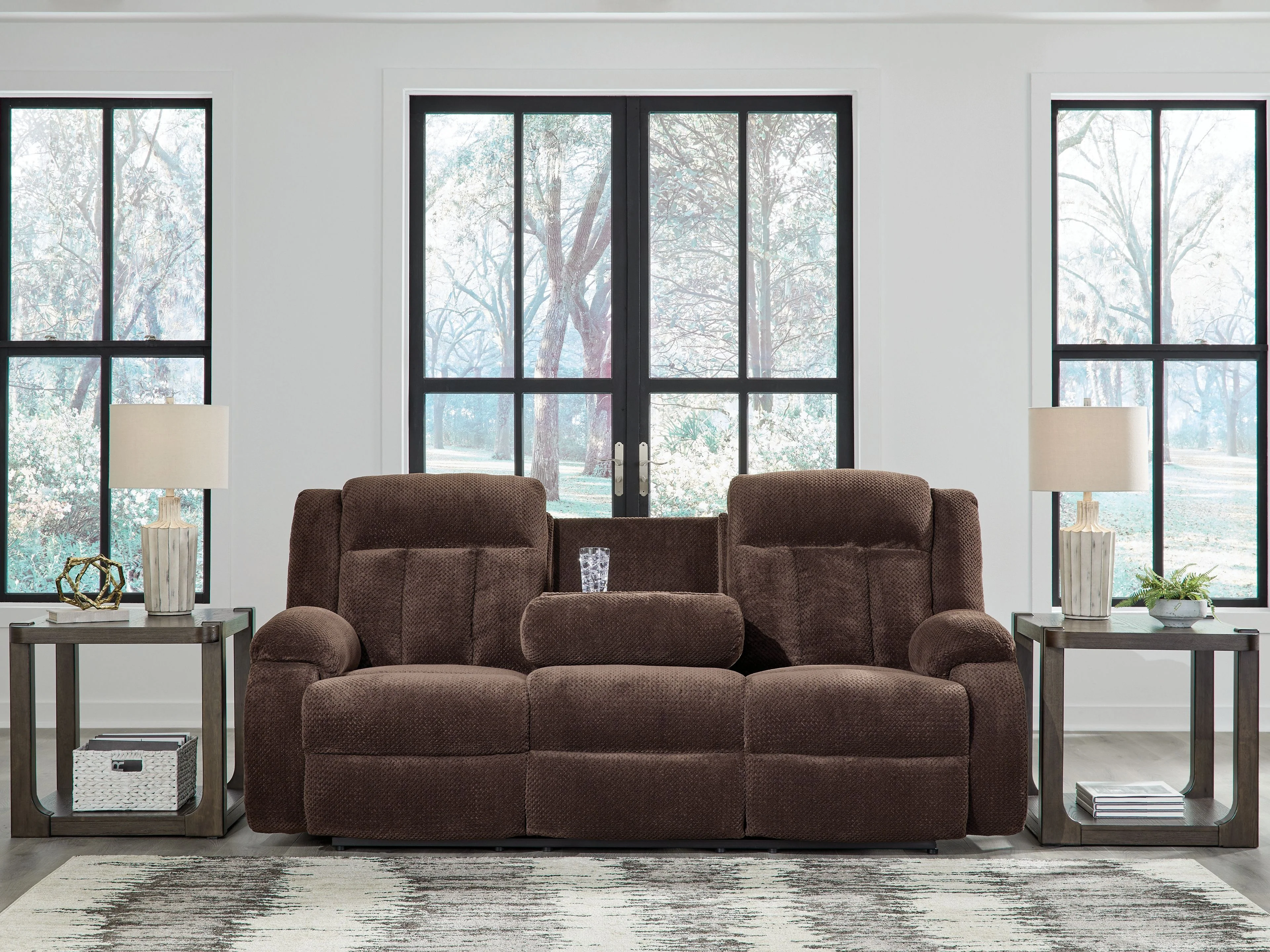 Free Wake - Reclining Power Sofa With Drop Down Table - Chocolate